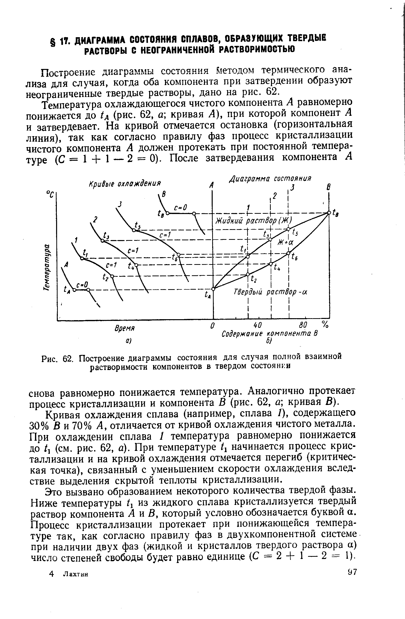 Построение диаграммы состояния. гетодом термического анализа для случая, когда оба компонента при затвердении образуют неограниченные твердые растворы, дано на рис. 62.
