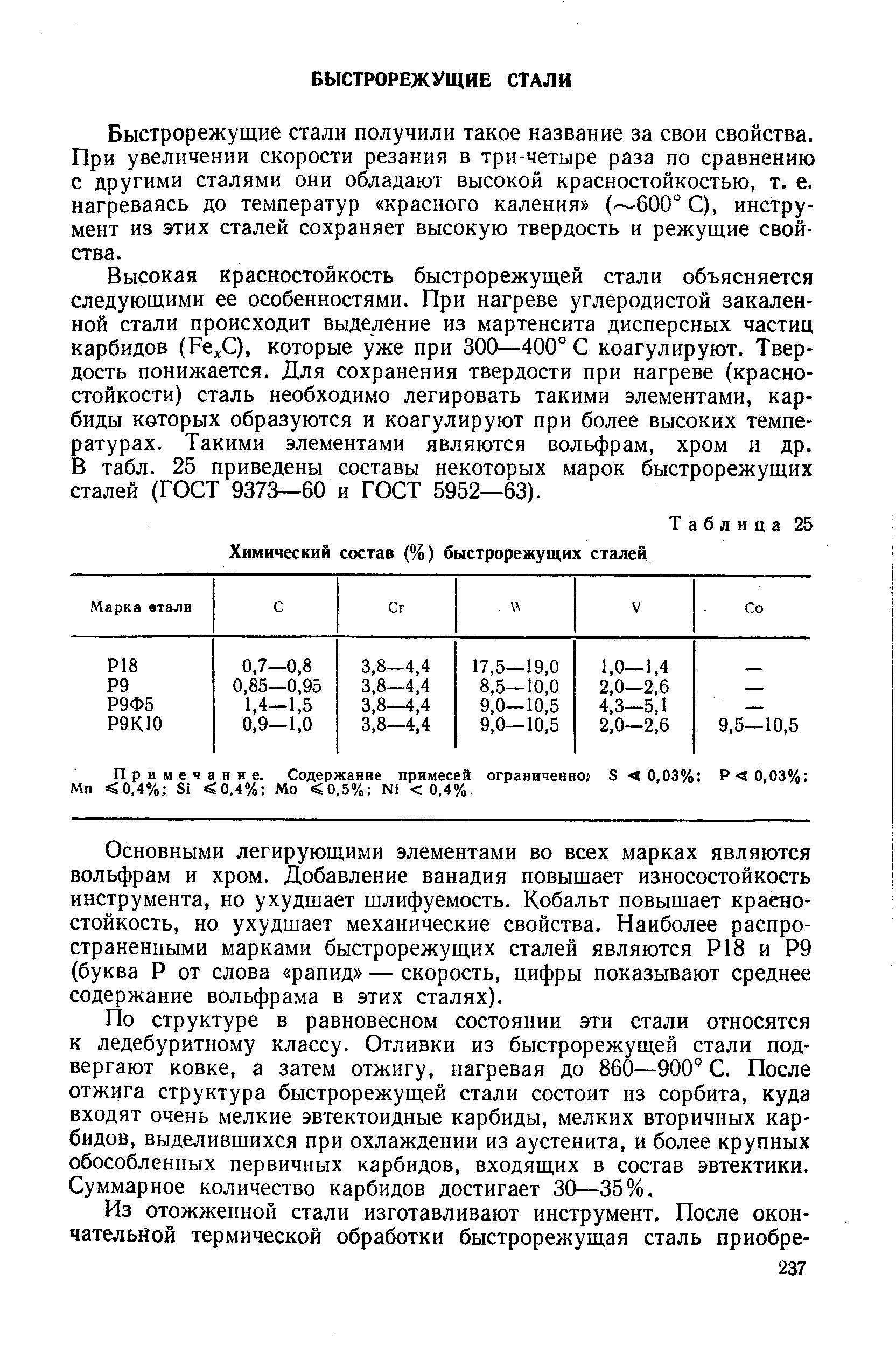 Быстрорежущие стали получили такое название за свои свойства. При увеличении скорости резания в три-четыре раза по сравнению с другими сталями они обладают высокой красностойкостью, т. е. нагреваясь до температур красного каления ( 600° С), инструмент из этих сталей сохраняет высокую твердость и режущие свойства.
