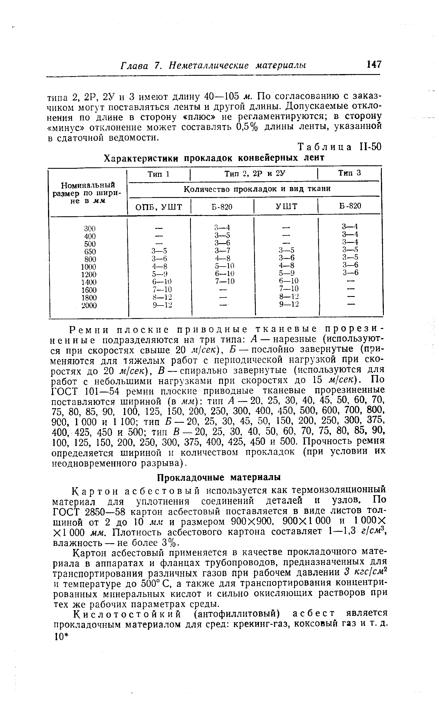 Таблица П-50 Характеристики прокладок конвейерных лент
