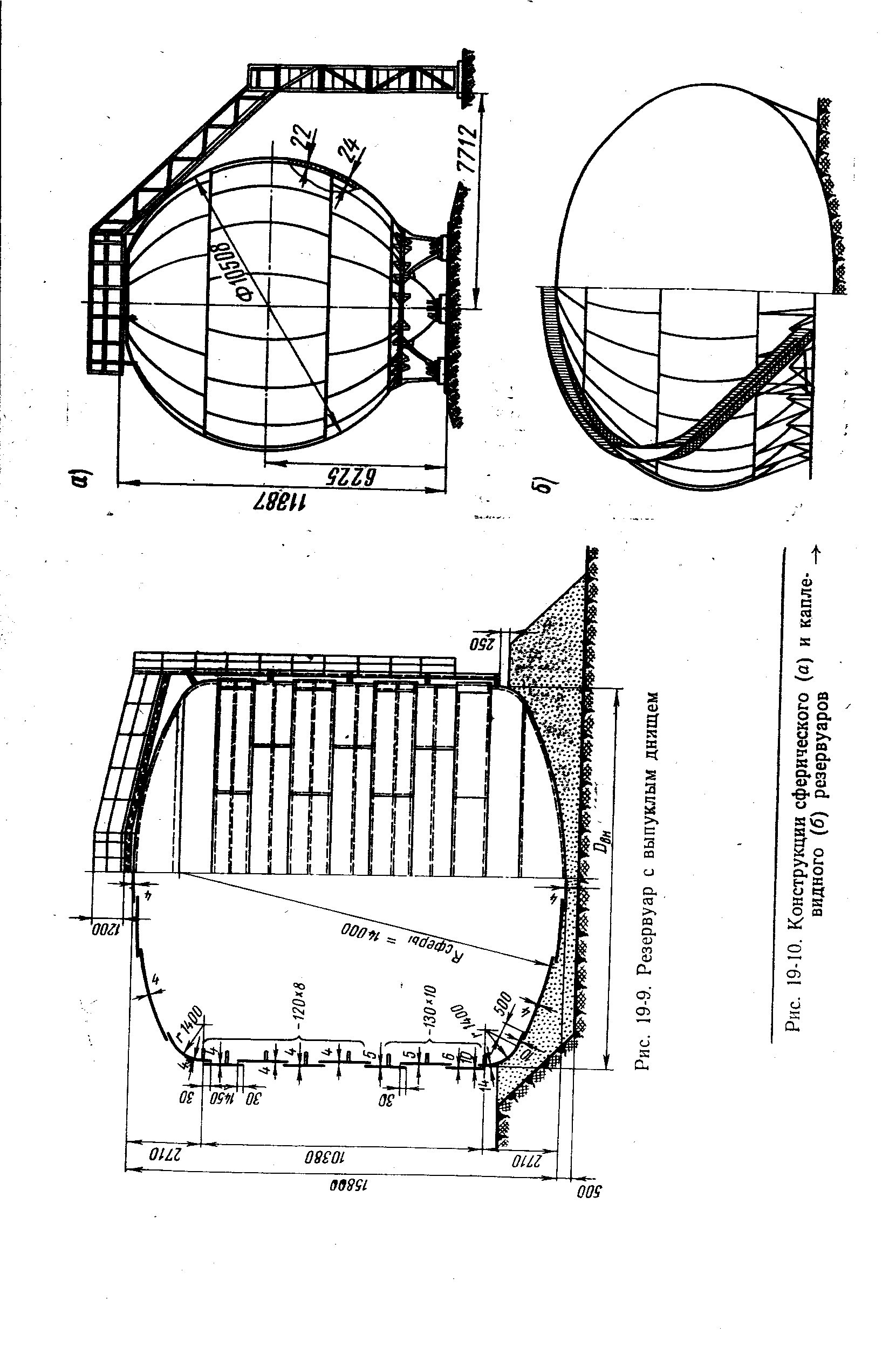 Рис. 19-10. Конструкции сферического (а) и каплевидного (б) резервуаров
