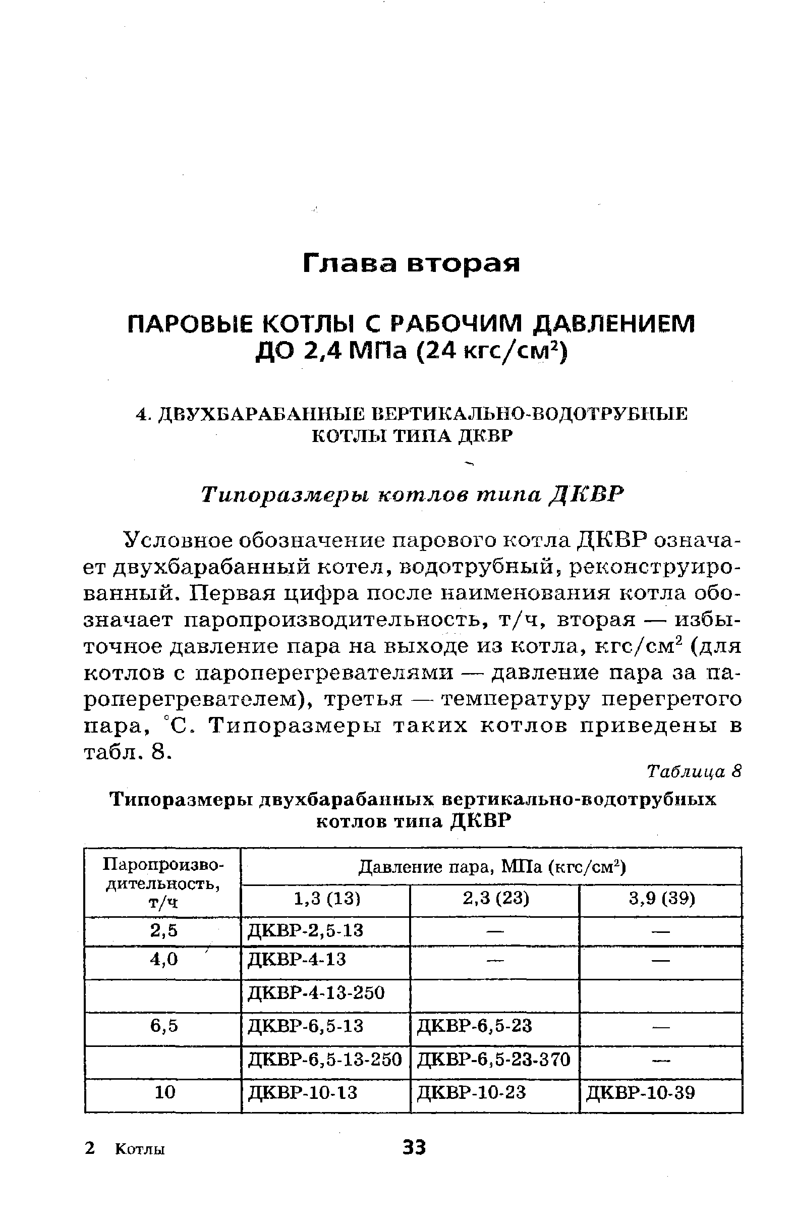 Условное обозначение парового котла ДКВР означает двухбарабанный котел, водотрубный, реконструированный. Первая цифра после наименования котла обозначает паропроизводительность, т/ч, вторая — избыточное давление пара на выходе из котла, кгс/см (для котлов с пароперегревателями — давление пара за пароперегревателем), третья — температуру перегретого пара, °С. Типоразмеры таких котлов приведены в табл. 8.
