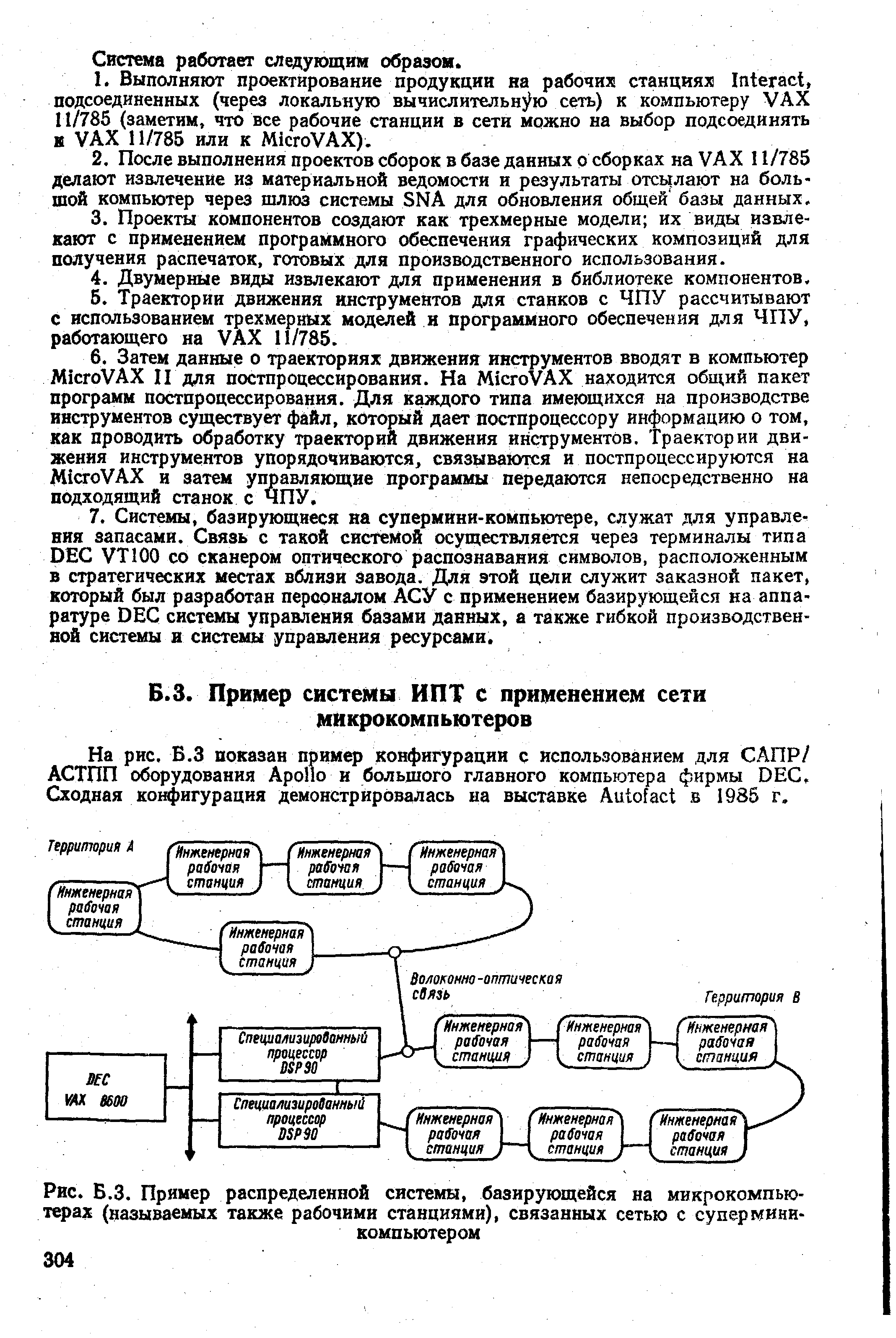 Рис. Б.З. Пример <a href="/info/124084">распределенной системы</a>, базирующейся на микрокомпьютерах (называемых также рабочими станциями), связанных сетью с супер миникомпьютером
