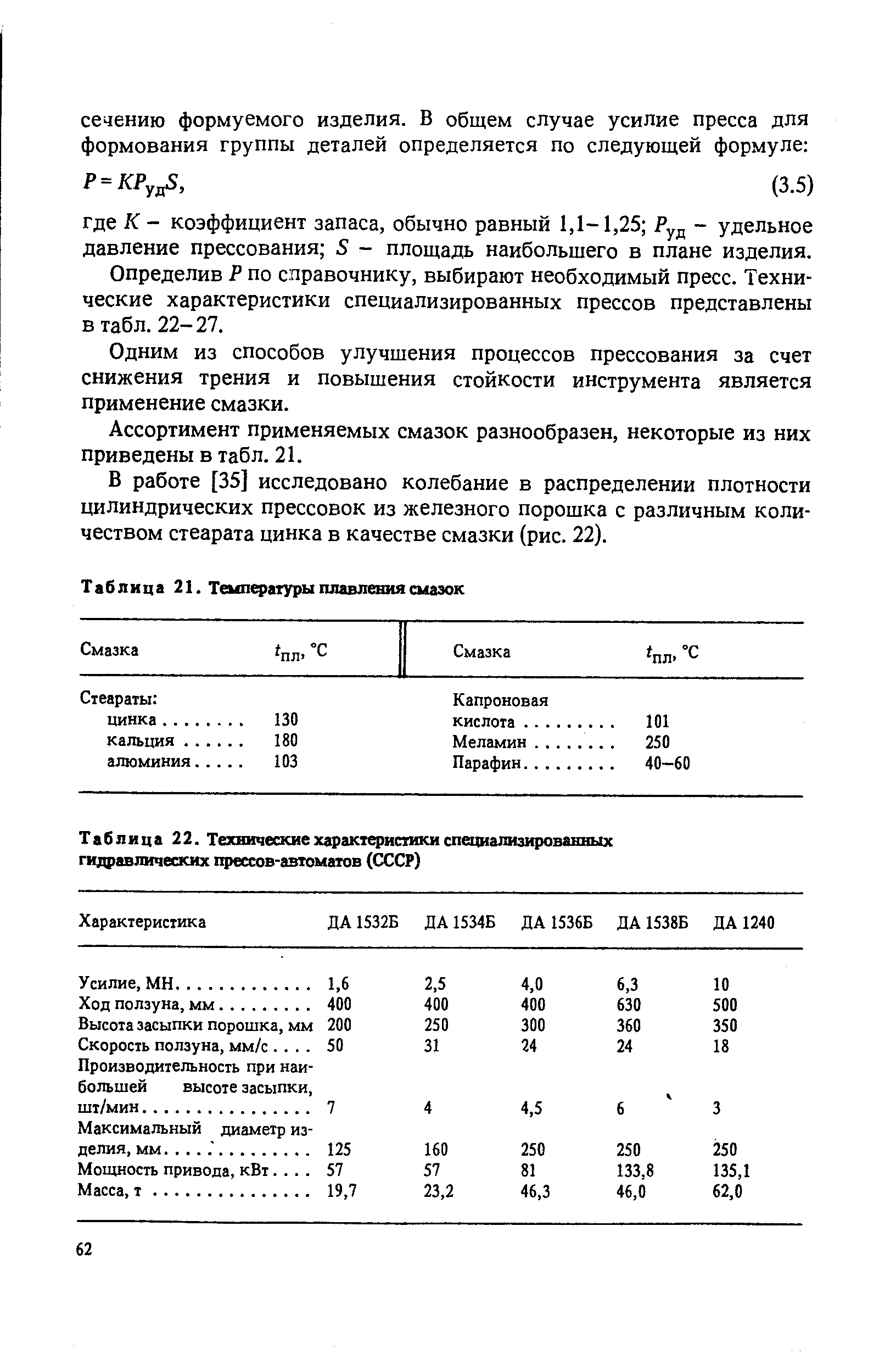 Таблица 22. Технические характеристики специализированных <a href="/info/34714">гидравлических прессов</a>-автоматов (СССР)
