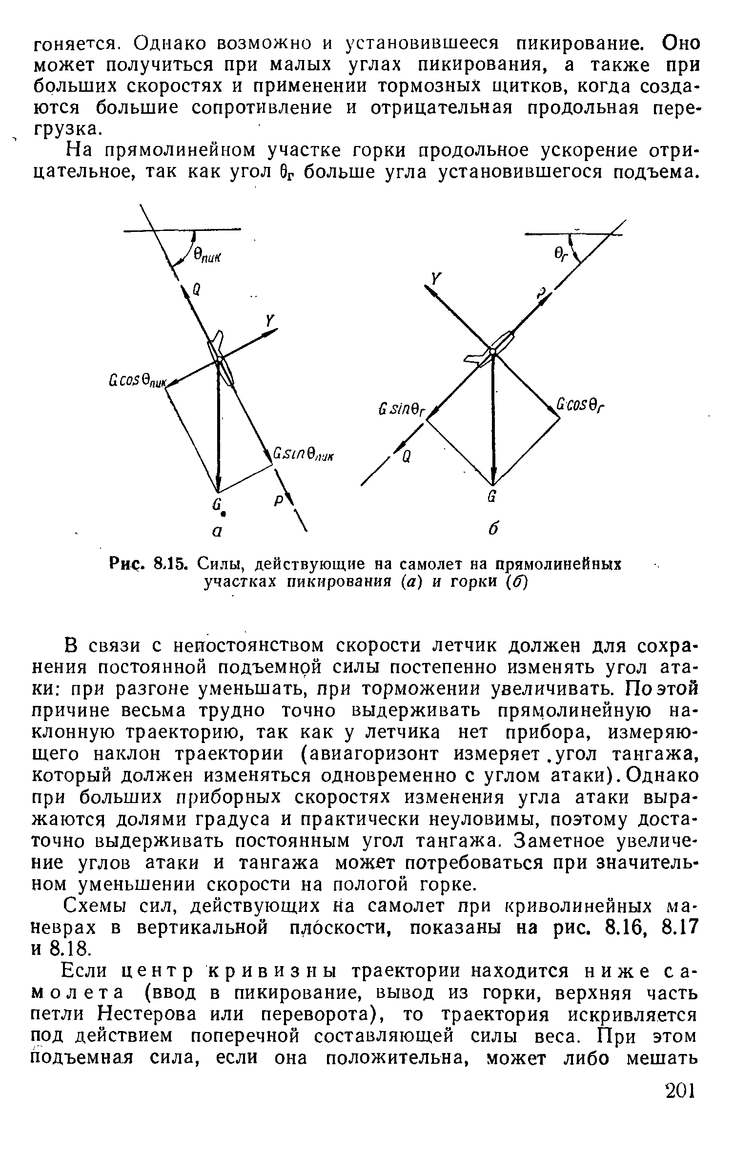 Рис. 8Л5. Силы, действующие на самолет на прямолинейных участках пикирования (а) и горки (б)
