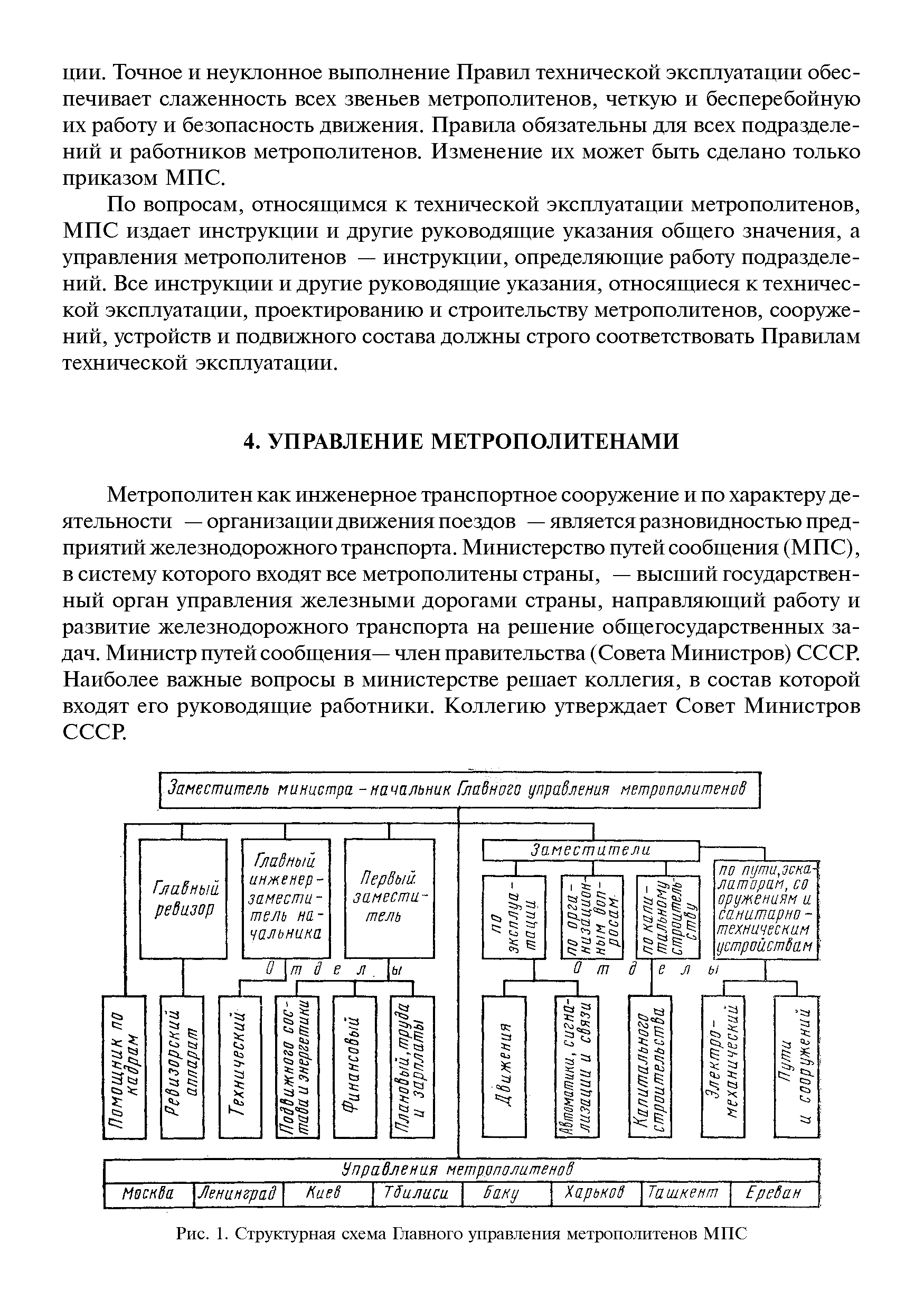 По вопросам, относящимся к технической эксплуатации метрополитенов, МПС издает инструкции и другие руководящие указания общего значения, а управления метрополитенов — инструкции, определяющие работу подразделений. Все инструкции и другие руководящие указания, относящиеся к технической эксплуатации, проектированию и строительству метрополитенов, сооружений, устройств и подвижного состава должны строго соответствовать Правилам технической эксплуатации.
