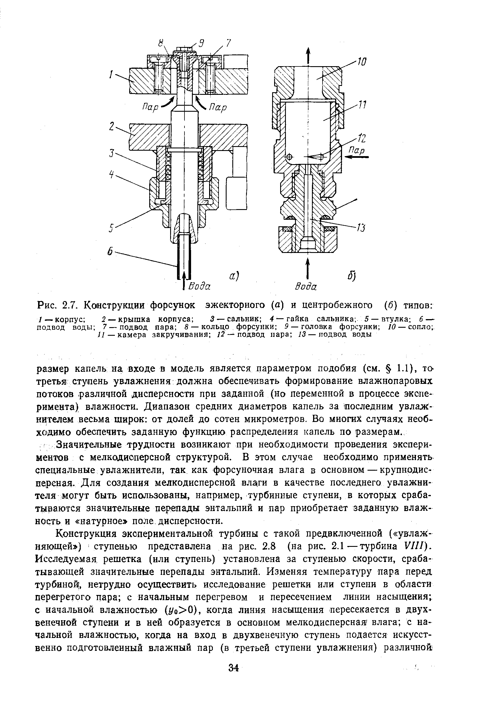 Рис. 2.7. Конструкции форсунок эжекторного (а) и центробежного (б) типов 
