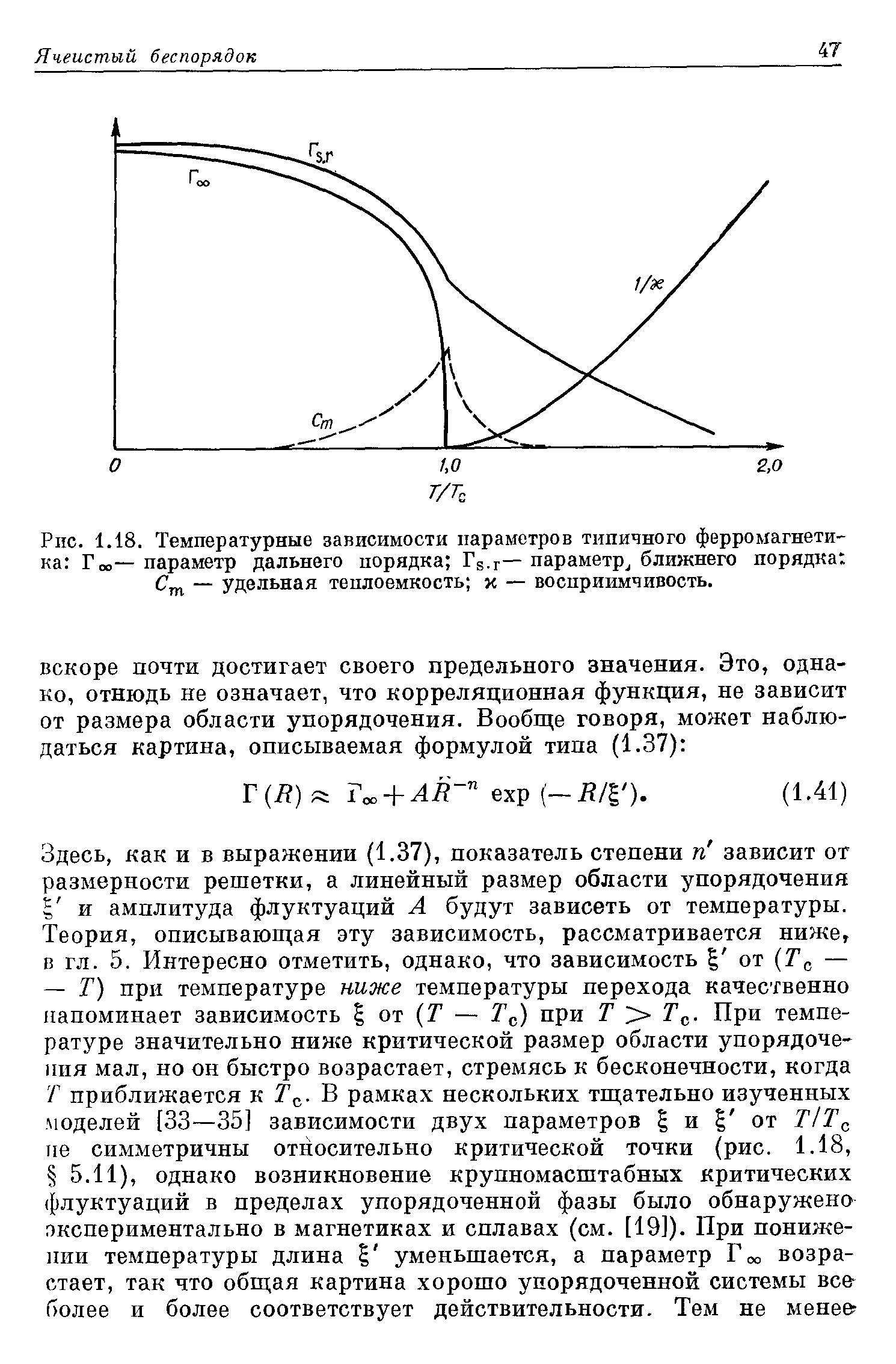 Рис. 1.18. <a href="/info/191882">Температурные зависимости</a> параметров типичного ферромагнети ка Гоо— параметр дальнего порядка Гд.г— параметр, ближнего порядка Ст. — <a href="/info/12749">удельная теплоемкость</a> х — восприимчивость.
