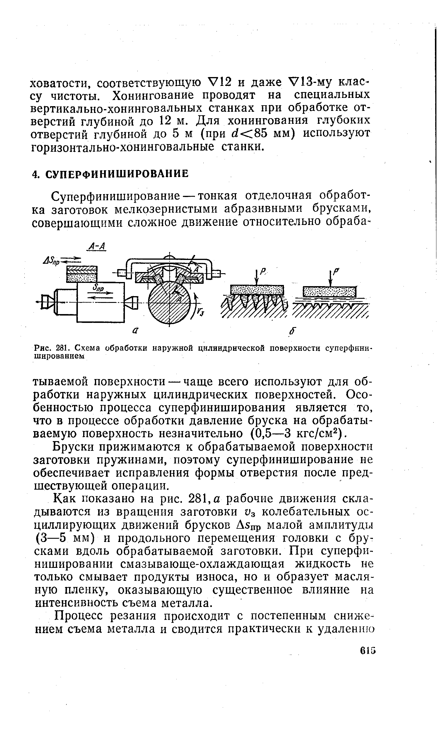 Бруски прижимаются к обрабатываемой поверхности заготовки пружинами, поэтому суперфиниширование не обеспечивает исправления формы отверстия после предшествующей операции.
