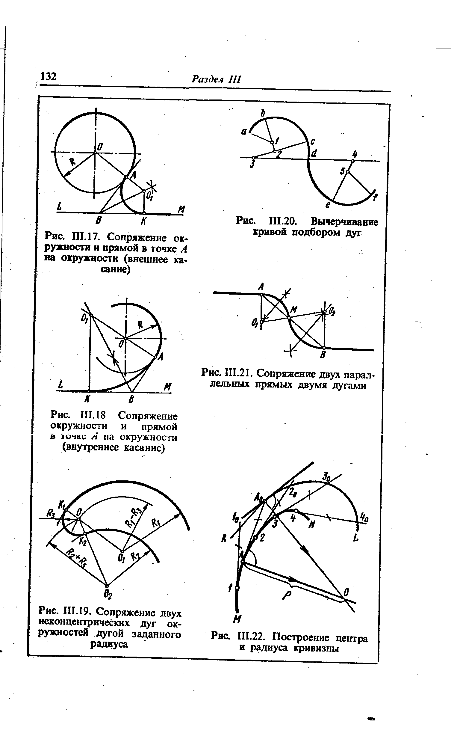 Рис. III. 18 Сопряжение окружности и прямой в точке А на окружности (внутреннее касание)
