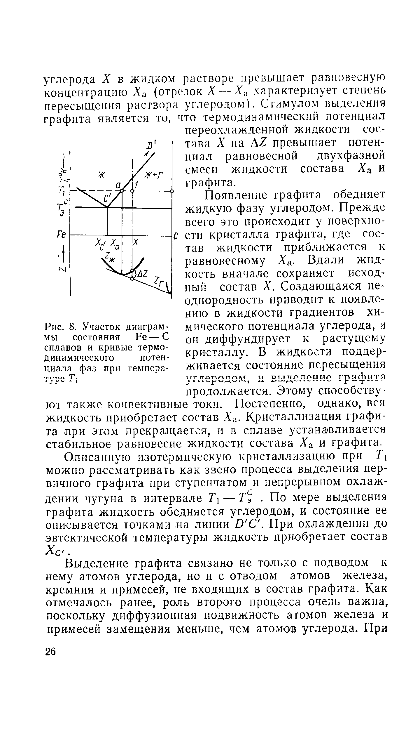 Появление графита обедняет жидкую фазу углеродом. Прежде всего это происходит у поверхности кристалла графита, где состав жидкости приближается к равновесному Ха. Вдали жидкость вначале сохраняет исходный состав X. Создающаяся неоднородность приводит к появлению в жидкости градиентов химического потенциала углерода, и он диффундирует к растущему кристаллу. В жидкости поддерживается состояние пересыщения углеродом, и выделение грэфитв продолжается. Этому способству ют также конвективные токи. Постепенно, однако, вся жидкость приобретает состав. а. Кристаллизация графита при этом прекращается, и в сплаве устанавливается стабильное равновесие жидкости состава Х а и графита.
