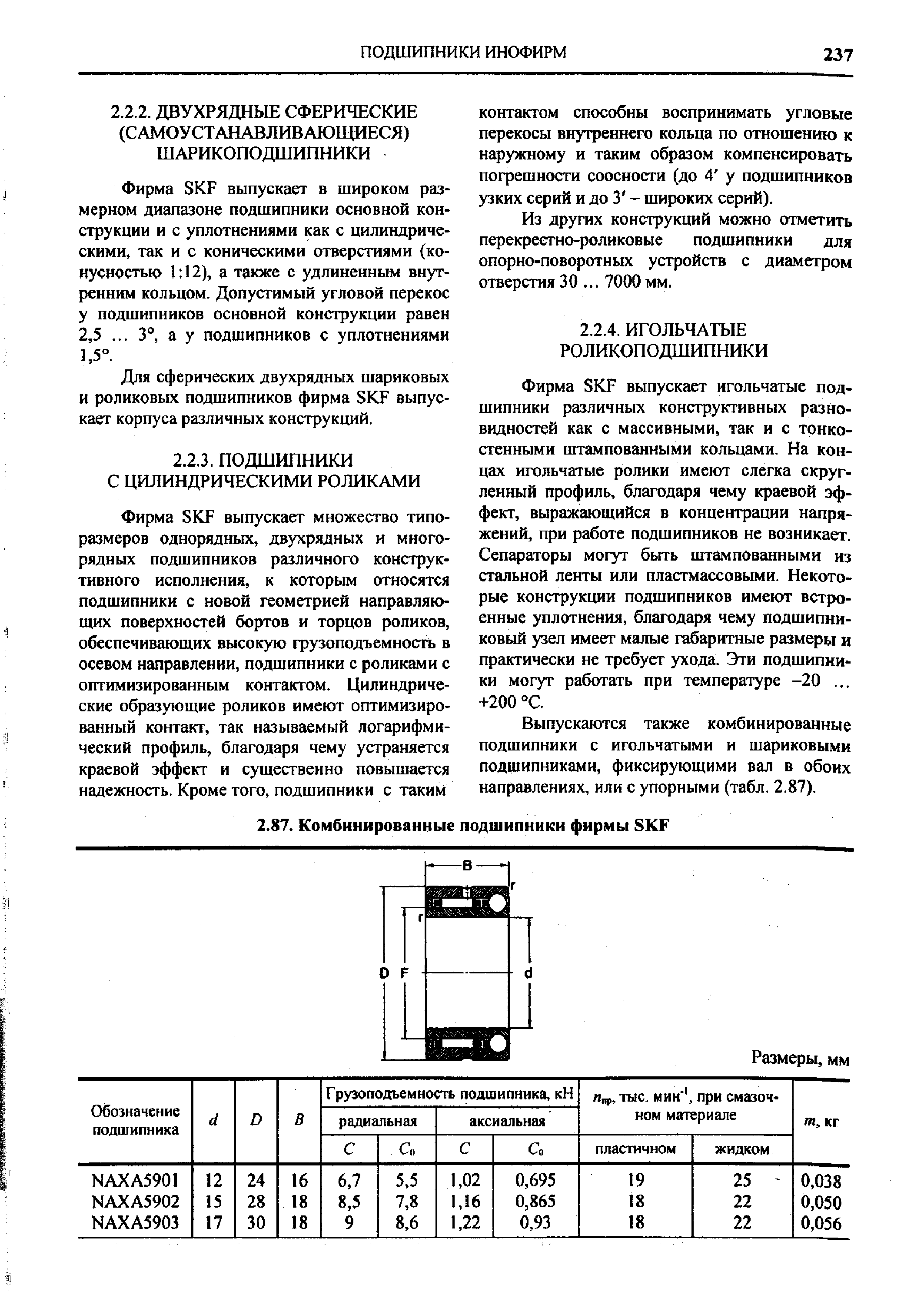 Фирма SKF выпускает в широком размерном диапазоне подшипники основной конструкции и с уплотнениями как с цилиндрическими, так и с коническими отверстиями (конусностью 1 12), а также с удлиненным внутренним кольцом. Допустимый угловой перекос у подшипников основной конструкции равен 2,5. .. 3°, а у подшипников с уплотнениями 1,5°.
