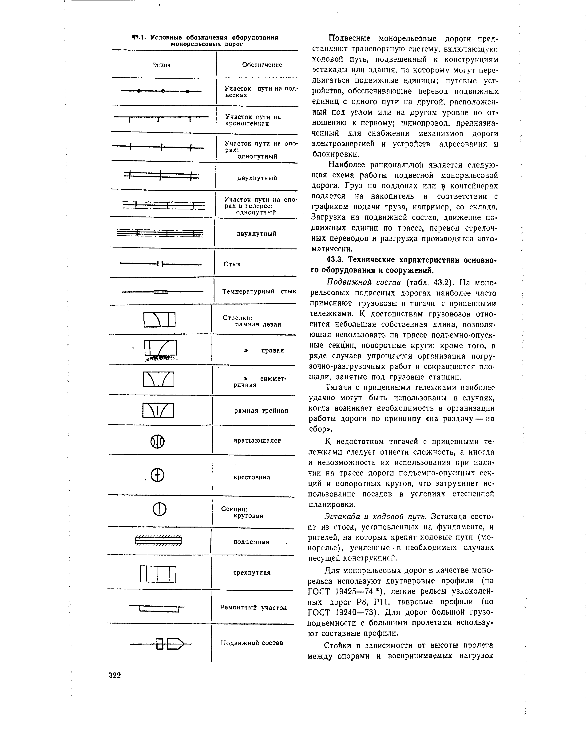 Подвижной состав (табл. 43.2). На монорельсовых подвесных дорогах наиболее часто применяют грузовозы и тягачи с прицепными тележками. К достоинствам грузовозов относится небольшая собственная длина, позволяющая использовать на трассе подъемно-опускные секции, поворотные круги кроме того, в ряде случаев упрощается организация погрузочно-разгрузочных работ и сокращаются площади, занятые под грузовые станции.
