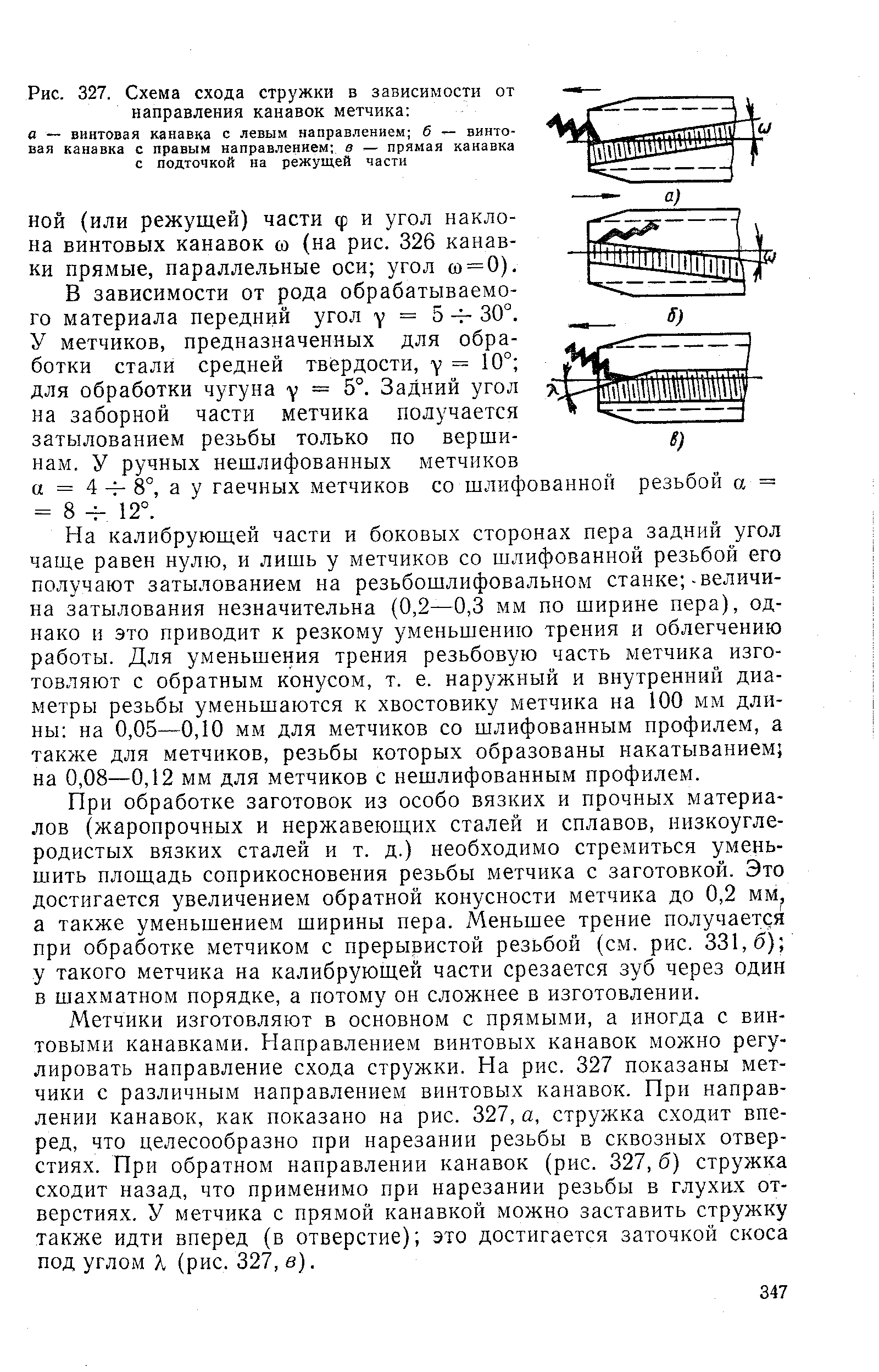 Рис. 327. Схема схода стружки в зависимости от направления канавок метчика а — винтовая канавка с левым направлением б — винтовая канавка с правым направлением в — прямая канавка с подточкой на режущей части
