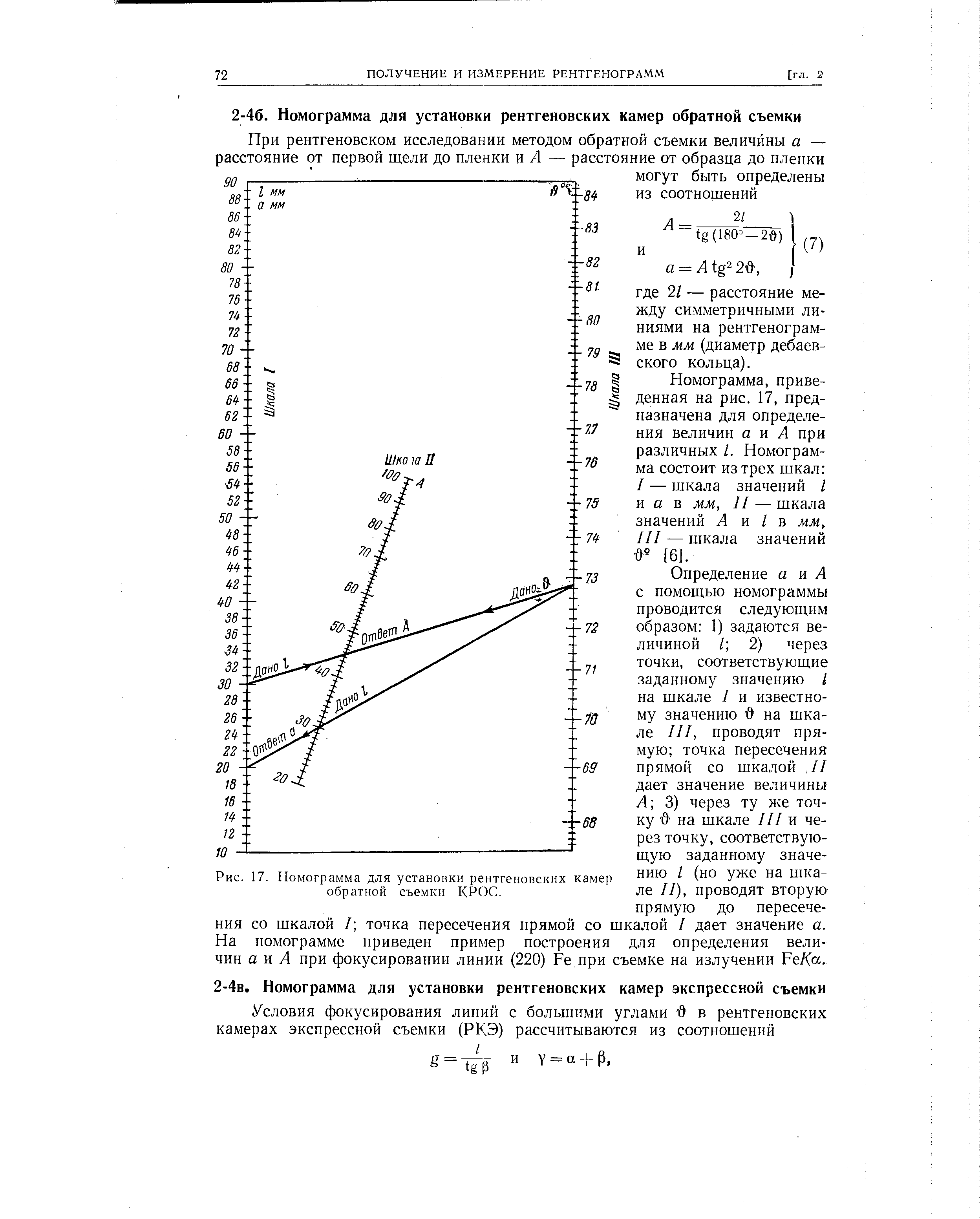 Определение а и Л с помощью номограммы проводится следующим образом 1) задаются величиной / 2) через точки, соответствующие заданному значению I на шкале / и известному значению на шкале III, проводят прямую точка пересечения прямой со шкалой II дает значение величины Л 3) через ту же точку на шкале III и через точку, соответствующую заданному значению I (но уже на шкале II), проводят вторую прямую до пересечения со шкалой / точка пересечения прямой со шкалой / дает значение а. На номограмме приведен пример построения для определения величин а и Л при фокусировании линии (220) Fe при съемке на излучении Fe/(a.
