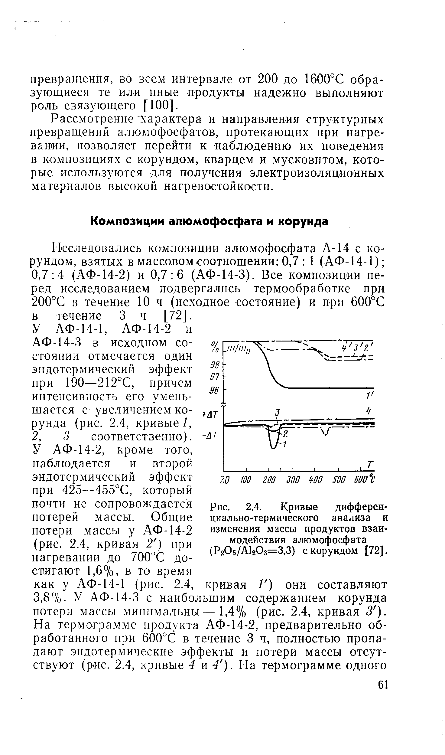 Рис. 2.4. Кривые дифференциально-термического анализа и изменения массы продуктов взаимодействия алюмофосфата (Р205/А120з=3,3) с корундом [72].
