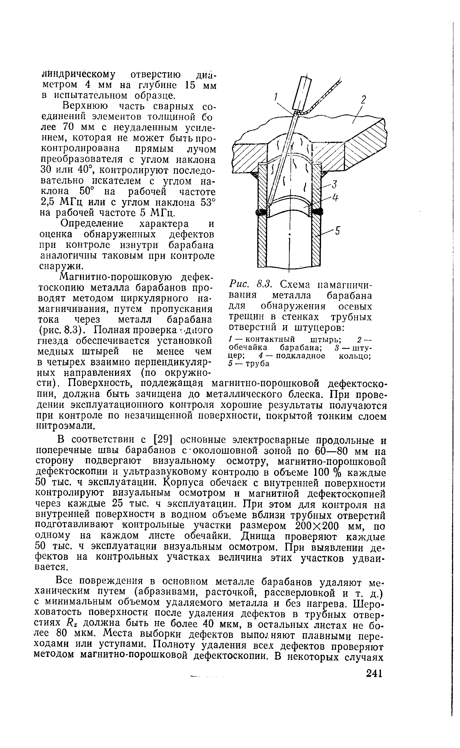 Рис. 8.3. Схема намагничивания металла барабана для обнаружения осевых трещин в стенках трубных отверстий и штуцеров 
