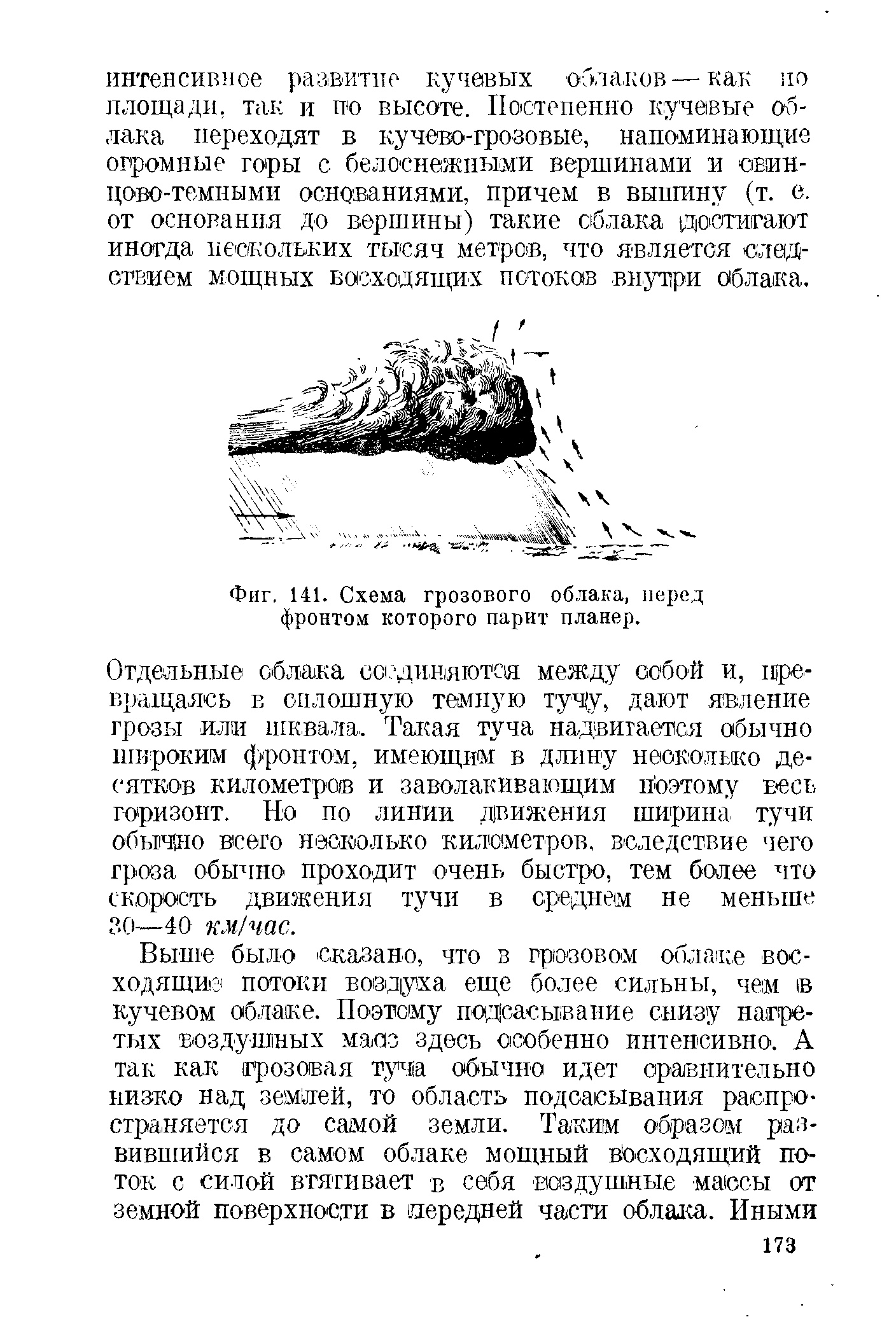 Схема грозового облака, перед фронтом которого парит планер.
