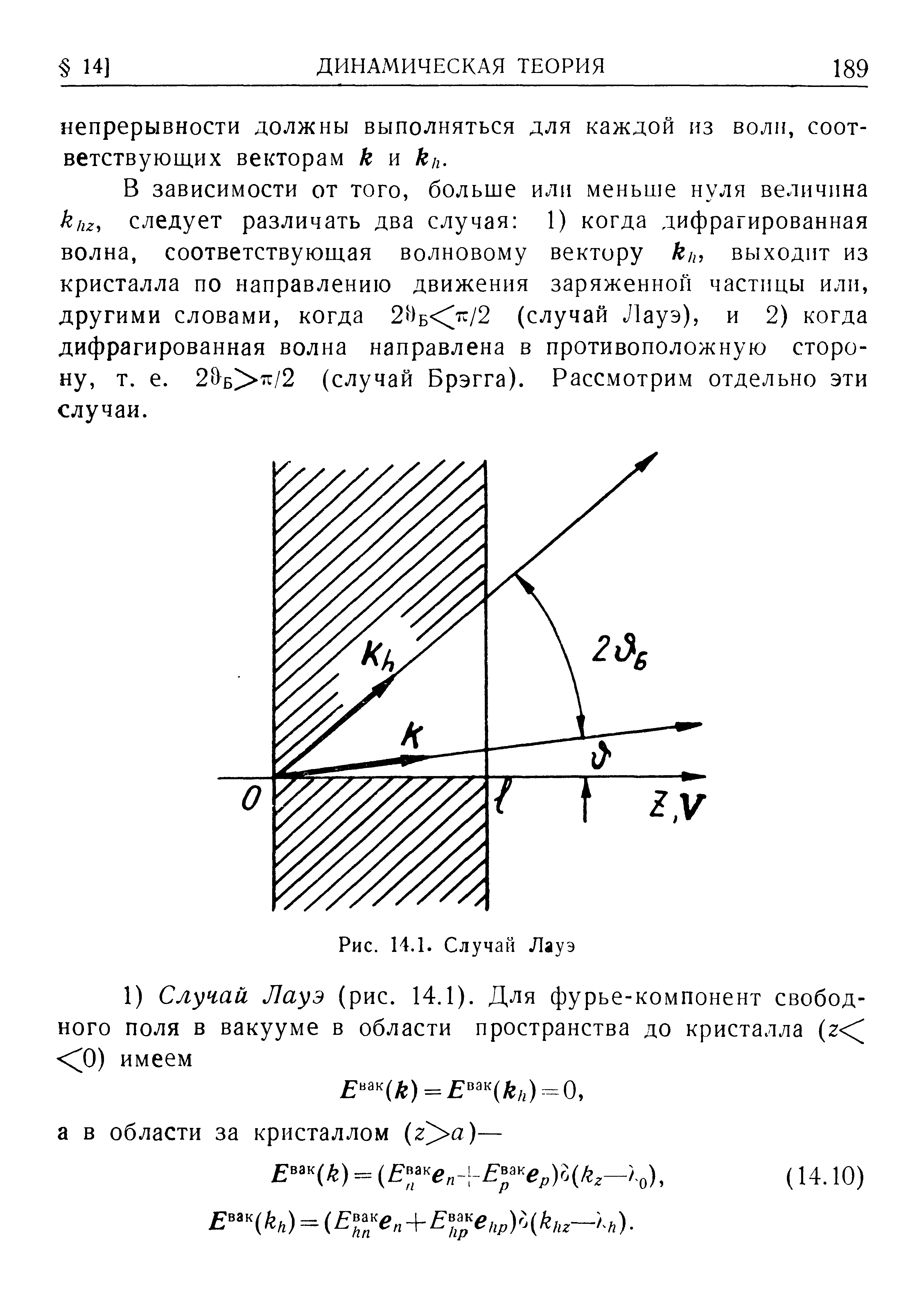 В зависимости от того, больше или меньше нуля велич1ша к/гг, следует различать два случая 1) когда дифрагированная волна, соответствующая волновому вектору кп, выходит из кристалла по направлению движения заряженной частицы или, другими словами, когда 20б п /2 (случай Лауэ), и 2) когда дифрагированная волна направлена в противоположную сторону, т. е. 2Эб 7г/2 (случай Брэгга). Рассмотрим отдельно эти случаи.
