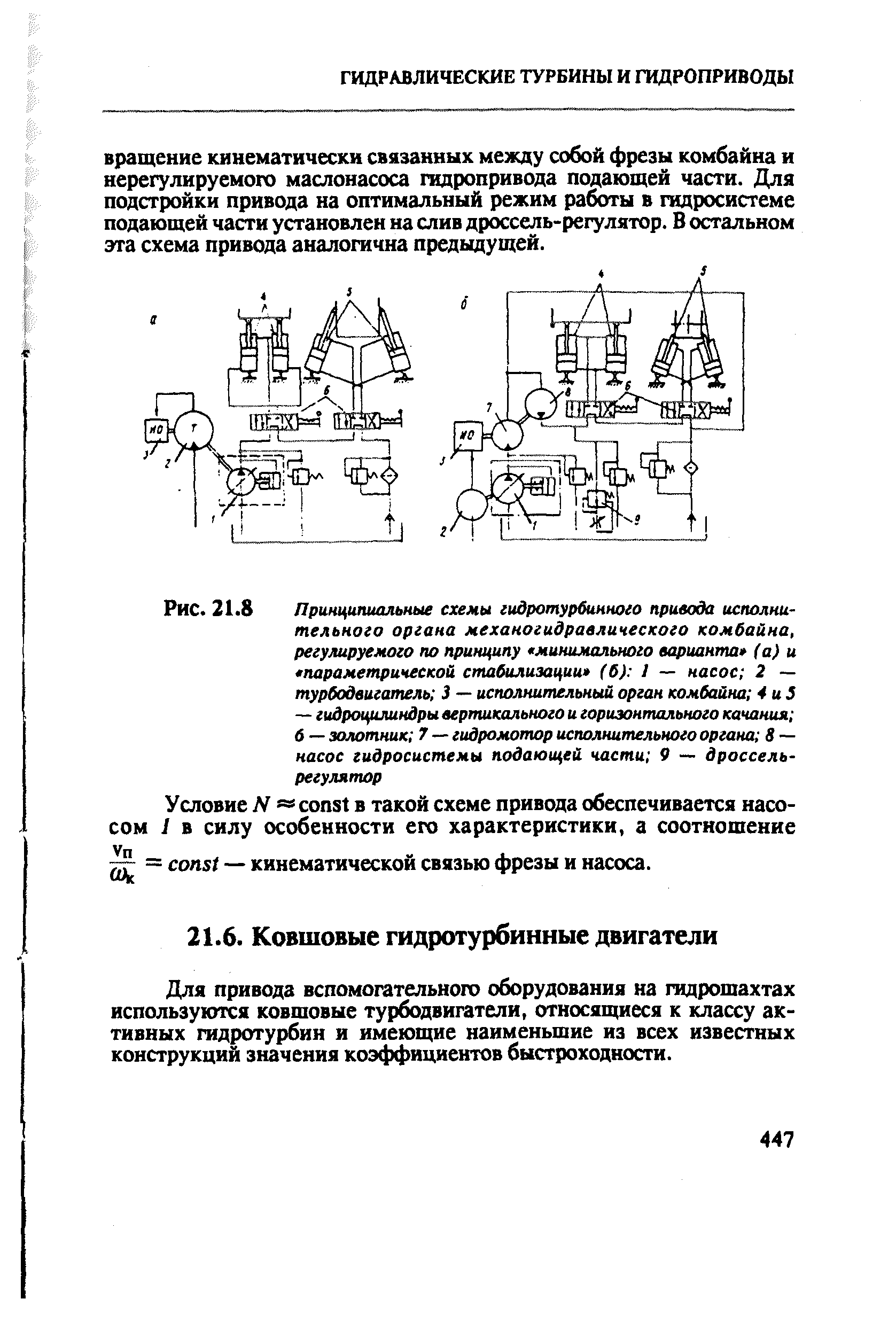 Для привода вспомогательного оборудования на гидрошахтах используются ковшовые турбодвигатели, относящиеся к классу активных гидротурбин и имеющие наименьшие из всех известных конструкций значения коэффициентов быстроходности.
