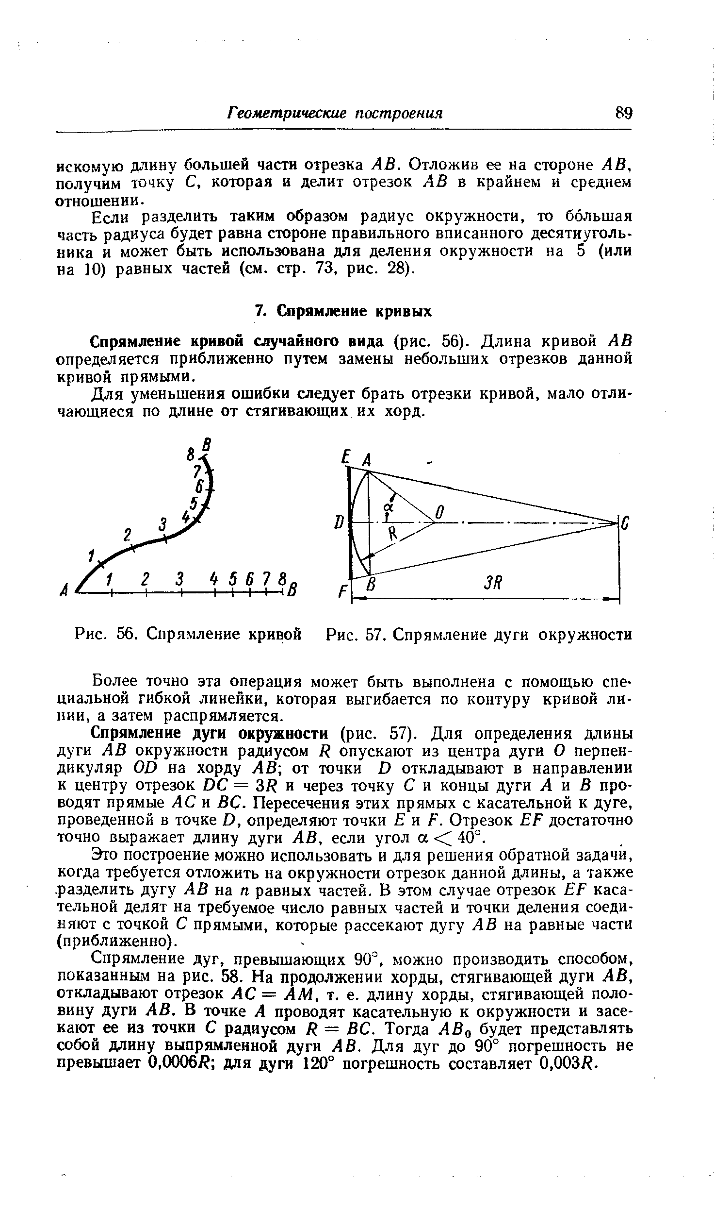 Спрямление кривой случайного вида (рис. 56). Длина кривой АВ определяется приближенно путем замены небольших отрезков данной кривой прямыми.
