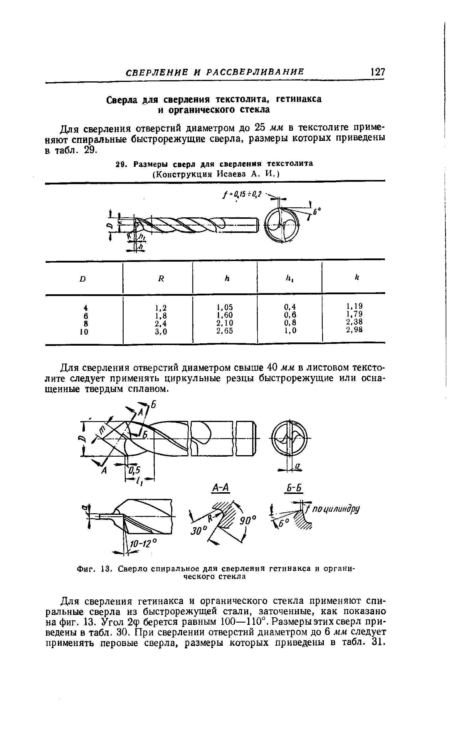 Для сверления отверстий диаметром до 25 мм в текстолите применяют спиральные быстрорежущие сверла, размеры которых приведены в табл. 29.

