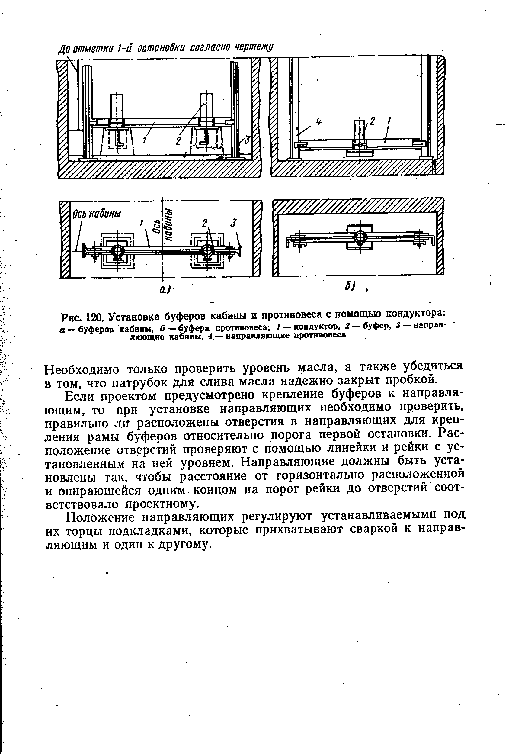 Рис. 120. Установка буферов кабины и противовеса с помощью кондуктора а — буферов кабины, б — буфера противовеса 1 — кондуктор. 2 — буфер, 3 — направляющие кабины, 4.— направляющие противовеса
