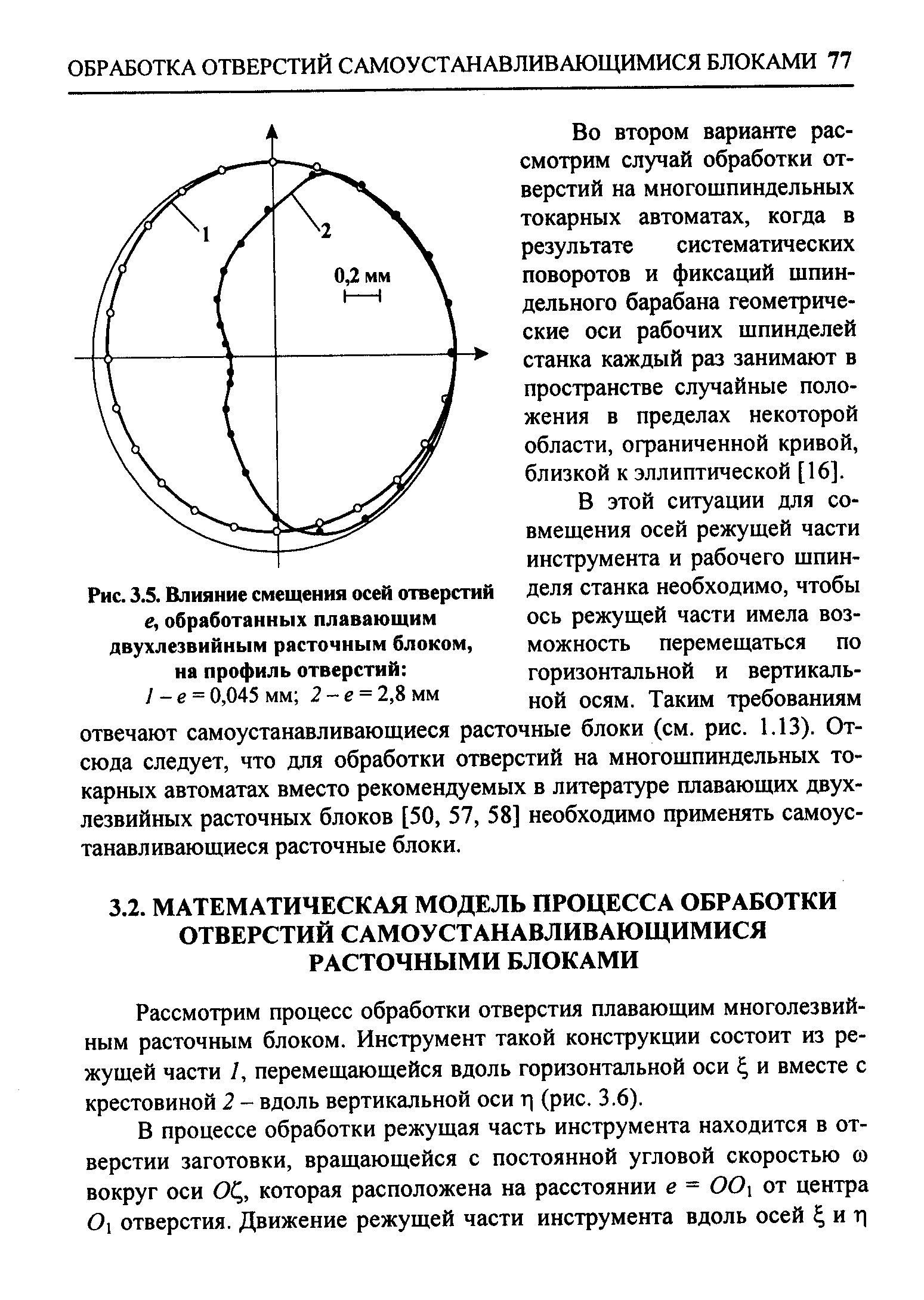 Рассмотрим процесс обработки отверстия плавающим многолезвийным расточным блоком. Инструмент такой конструкции состоит из режущей части I, перемещающейся вдоль горизонтальной оси и вместе с крестовиной 2 - вдоль вертикальной оси т (рис. 3.6).
