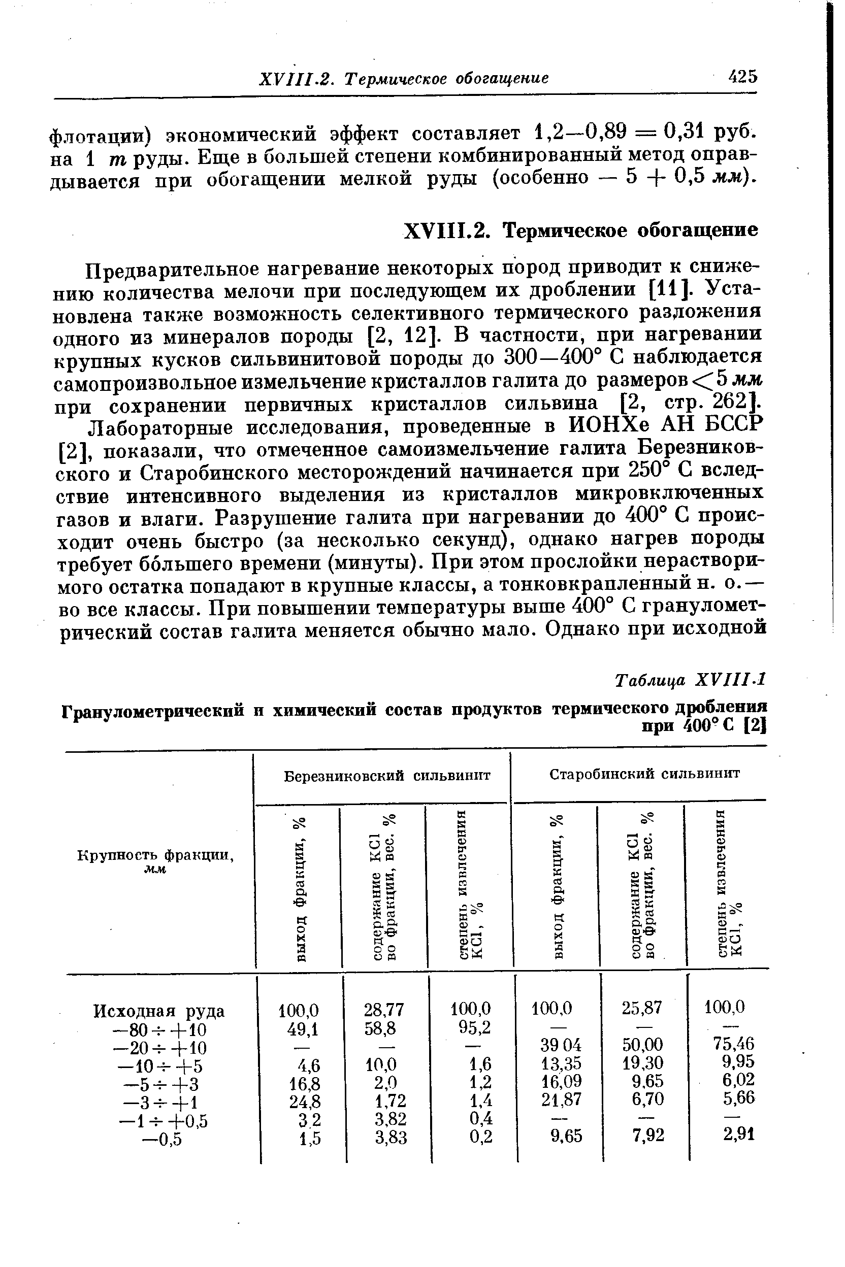 Предварительное нагревание некоторых пород приводит к снижению количества мелочи при последующем их дроблении [И]. Установлена также возможность селективного термического разложения одного из минералов породы [2, 12]. В частности, при нагревании крупных кусков сильвинитовой породы до 300—400° С наблюдается самопроизвольное измельчение кристаллов галита до размеров 5 мм при сохранении первичных кристаллов сильвина [2, стр. 262].
