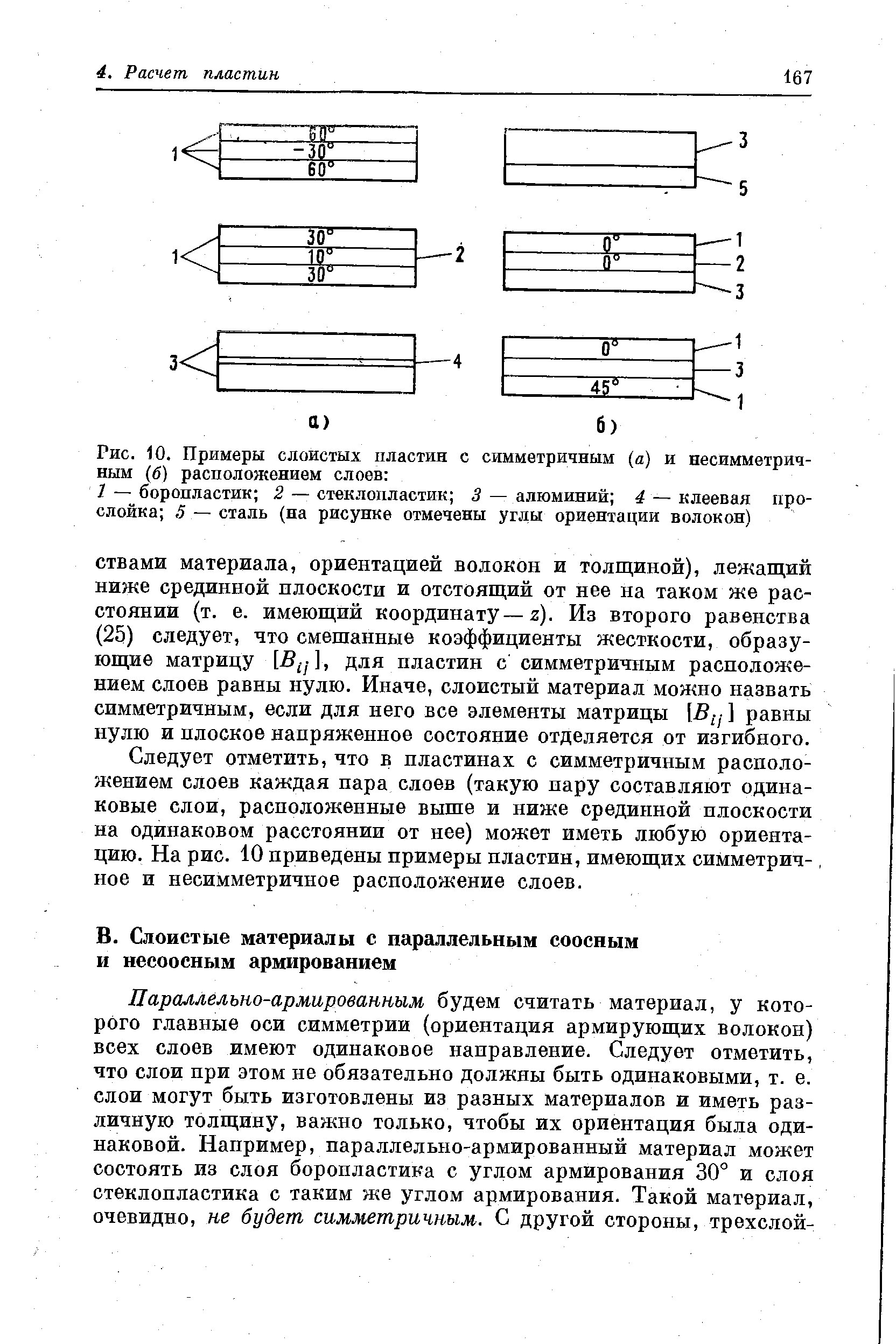 Рис. 10. Примеры слоистых пластин с симметричным (а) и несимметричным (б) расположением слоев 
