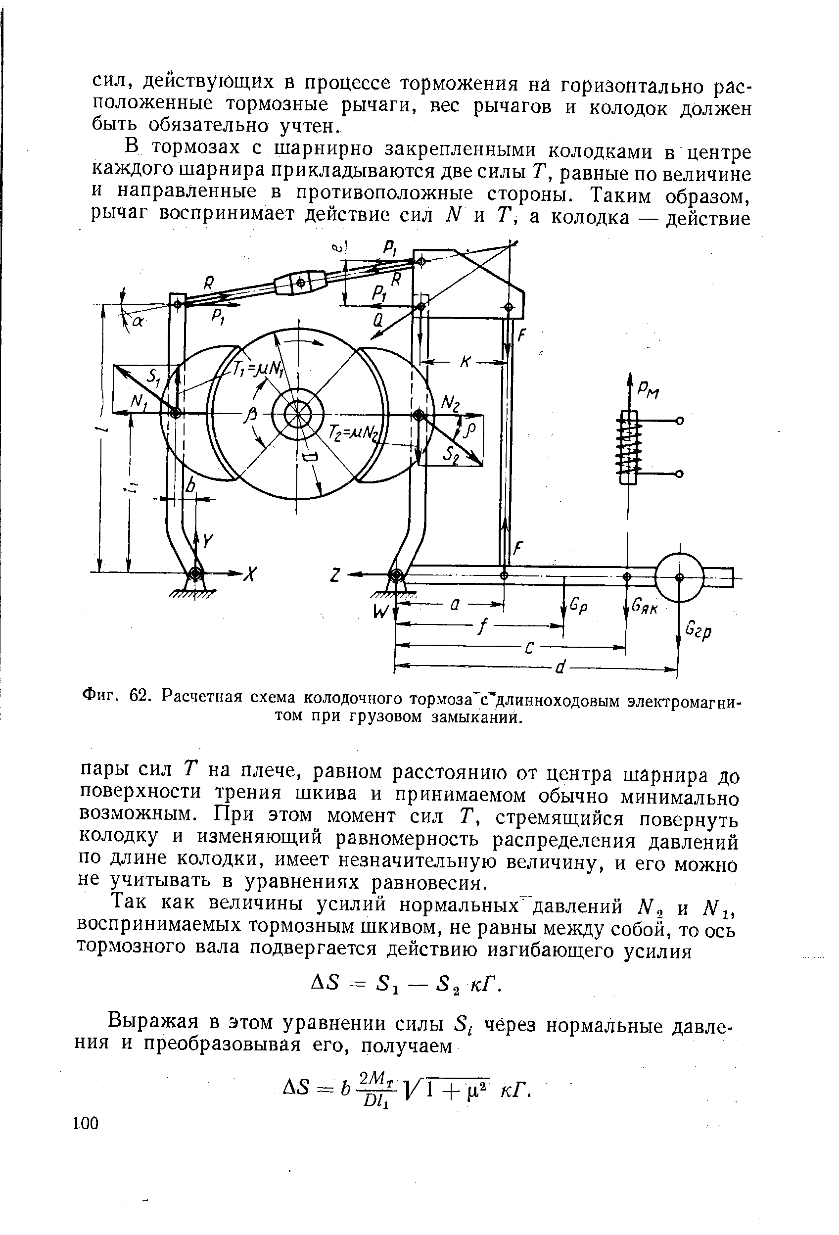 Фиг. 62. Расчетная схема колодочного тормоза с длинноходовым электромагнитом при грузовом замыкании.
