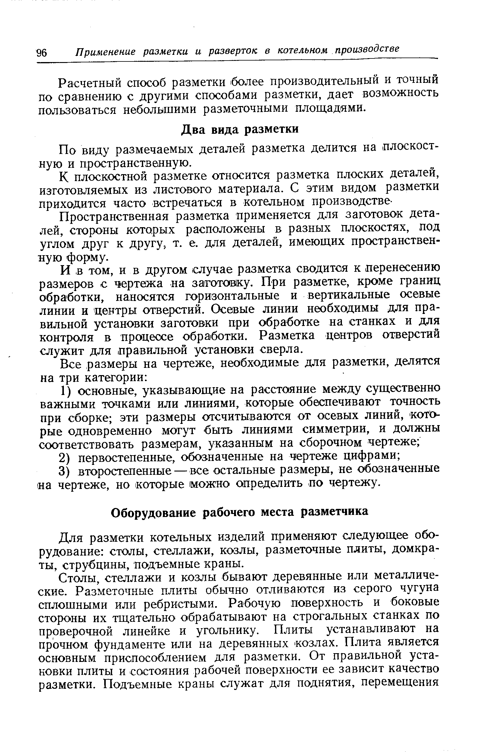 Для разметки котельных изделий применяют следующее оборудование столы, стеллажи, козлы, разметочные плиты, домкраты, струбцины, подъемные краны.
