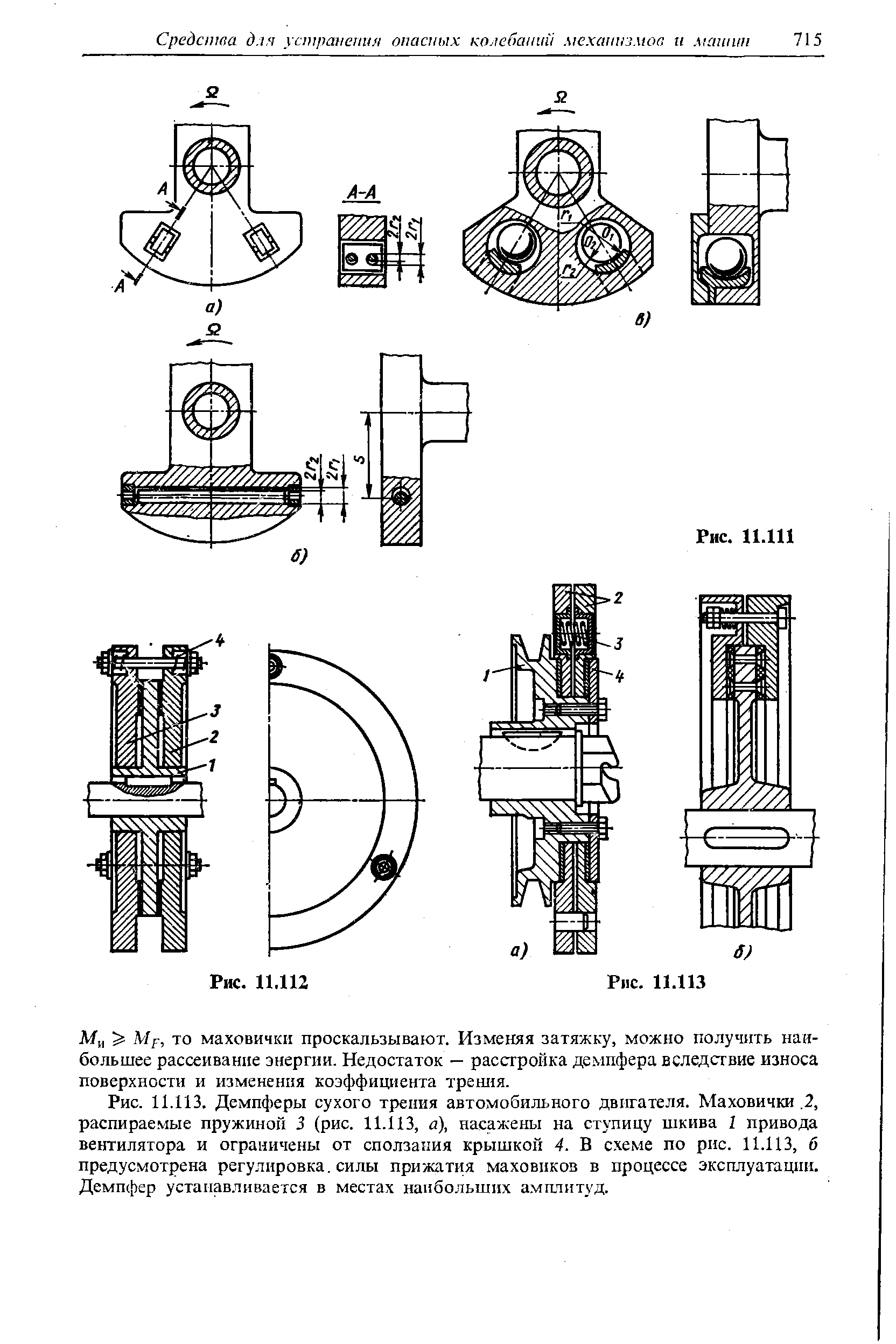то маховички проскальзывают. Изменяя затяжку, можно получить наибольшее рассеивание энергии. Недостаток — расстройка демпфера вследствие износа поверхности и изменения коэффищ1ента трения.
