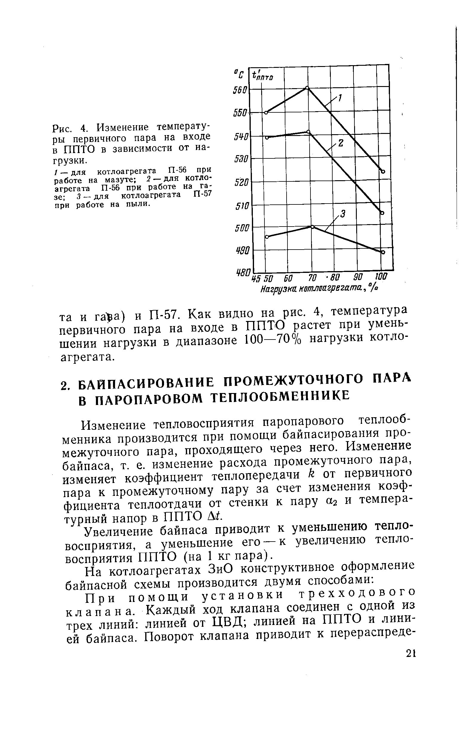 Изменение тепловосприятия паропарового теплообменника производится при помощи байпасирования промежуточного пара, проходящего через него. Изменение байпаса, т. е. изменение расхода промежуточного пара, изменяет коэффициент теплопередачи k от первичного пара к промежуточному пару за счет изменения коэффициента теплоотдачи от стенки к пару аг и температурный напор в ППТО М.
