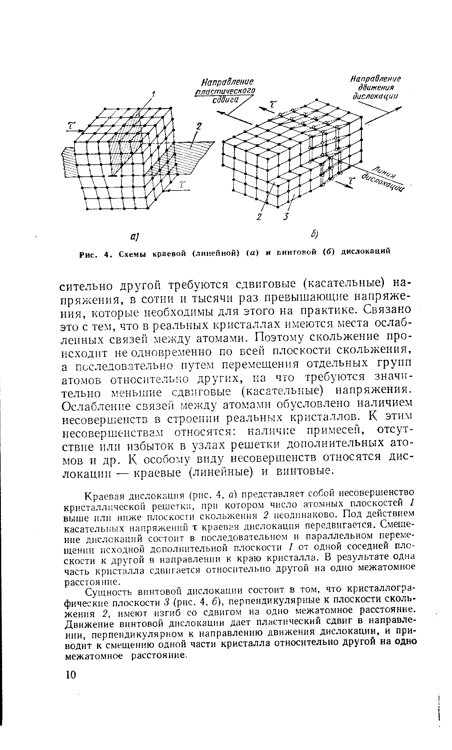 Рис. 4. Схемы краевой (линейной) а) и бинтовой (б) дислокаций
