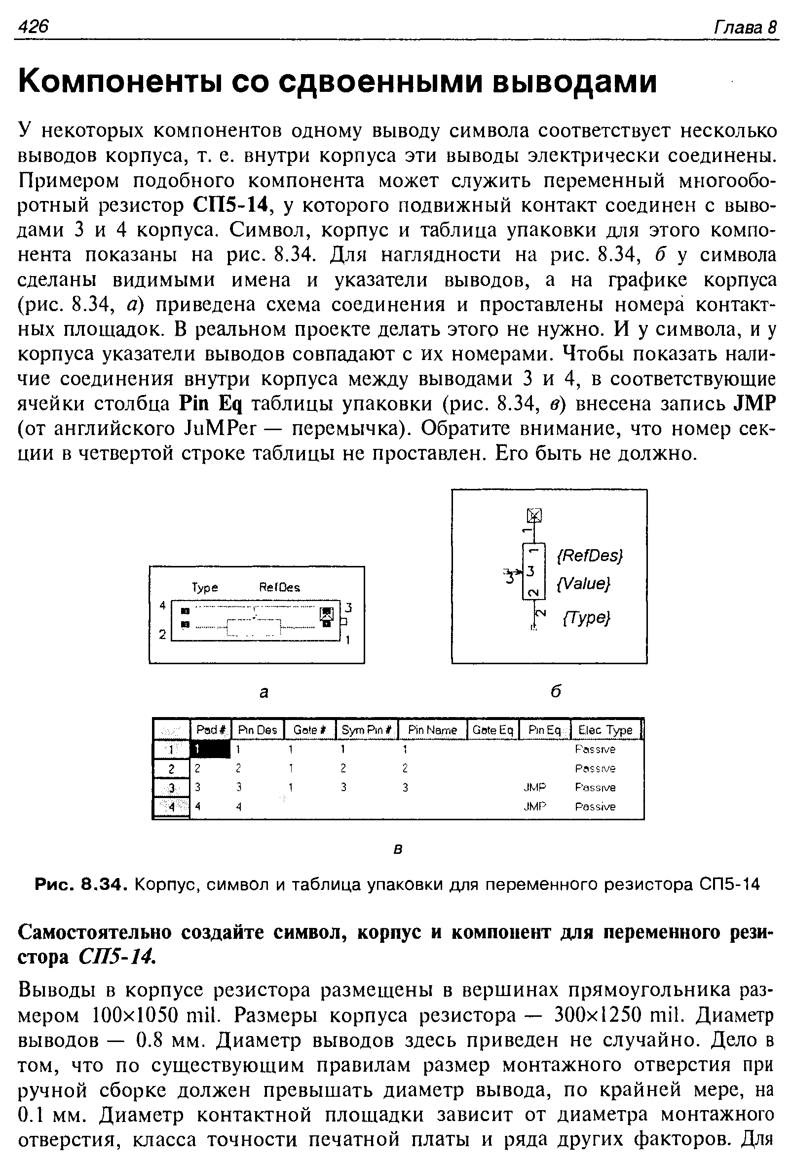 Рис. 8.34. Корпус, символ и таблица упаковки для переменного резистора СП5-14
