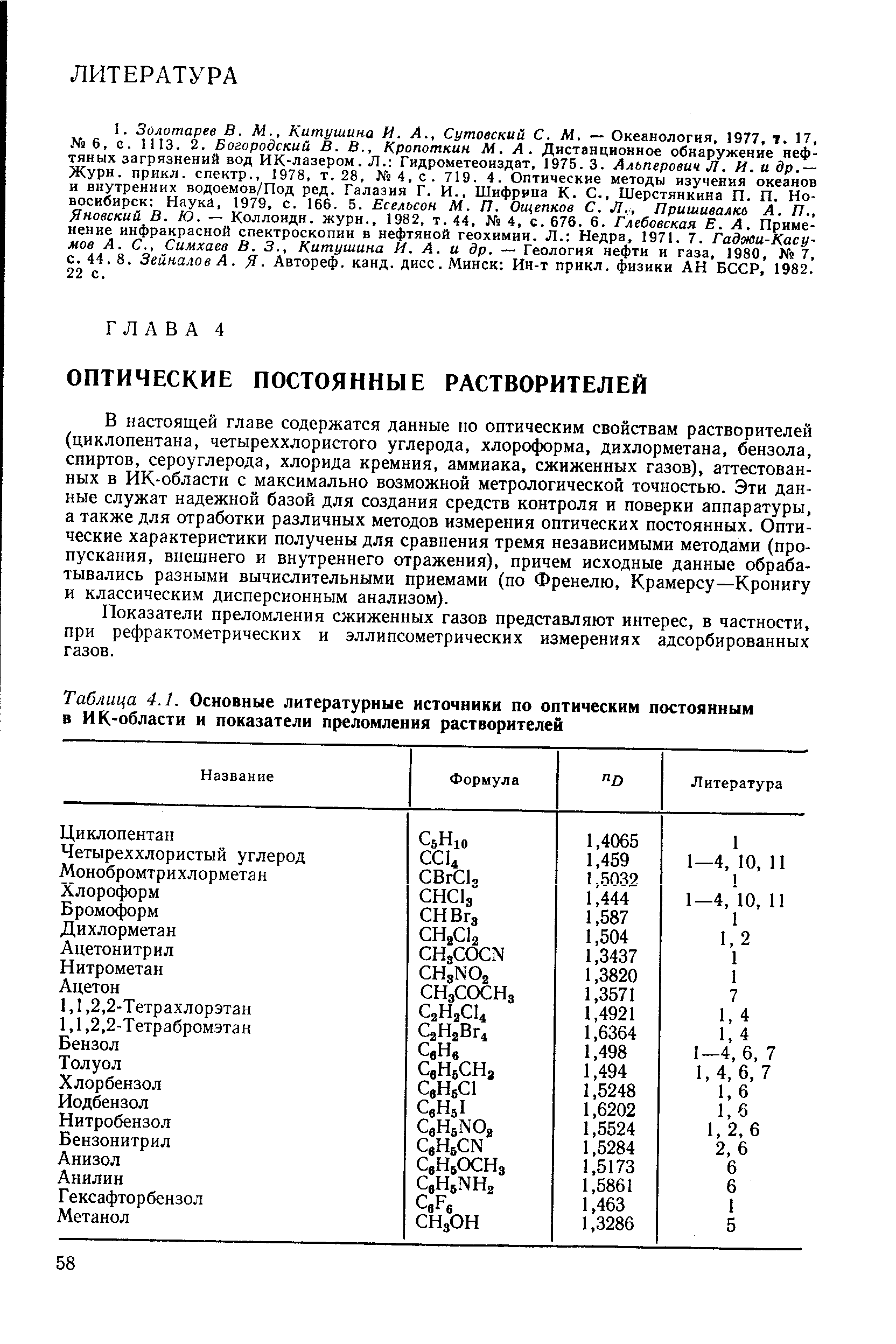 Таблица 4.1. Основные <a href="/info/585840">литературные источники</a> по <a href="/info/55768">оптическим постоянным</a> в ИК-области и <a href="/info/5501">показатели преломления</a> растворителей
