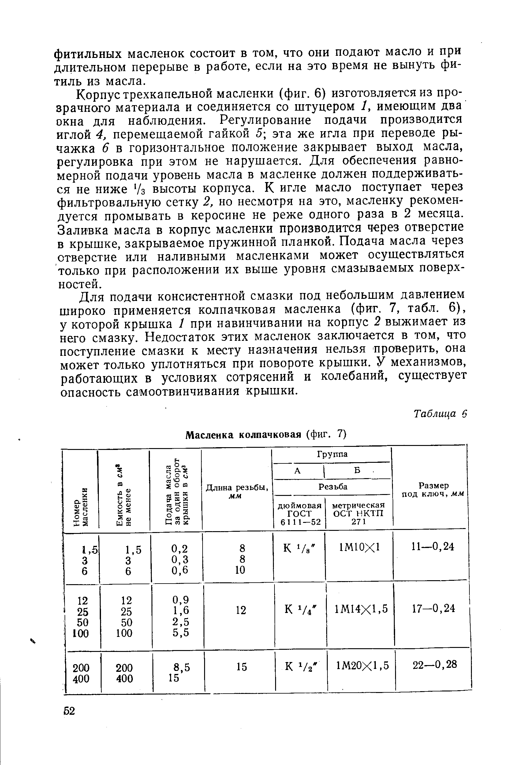 Корпус трехкапельной масленки (фиг. 6) изготовляется из прозрачного материала и соединяется со штуцером 1, имеющим два окна для наблюдения. Регулирование подачи производится иглой 4, перемещаемой гайкой 5 эта же игла при переводе рычажка 6 в горизонтальное положение закрывает выход масла, регулировка при этом яе нарушается. Для обеспечения равномерной подачи уровень масла в масленке должен поддерживаться не ниже /з высоты корпуса. К игле масло поступает через фильтровальную сетку 2, но несмотря на это, масленку рекомендуется промывать в керосине не реже одного раза в 2 месяца. Заливка масла в корпус масленки производится через отверстие в крышке, закрываемое пружинной планкой. Подача масла через отверстие или наливными масленками может осуществляться только при расположении их выше уровня смазываемых поверхностей.
