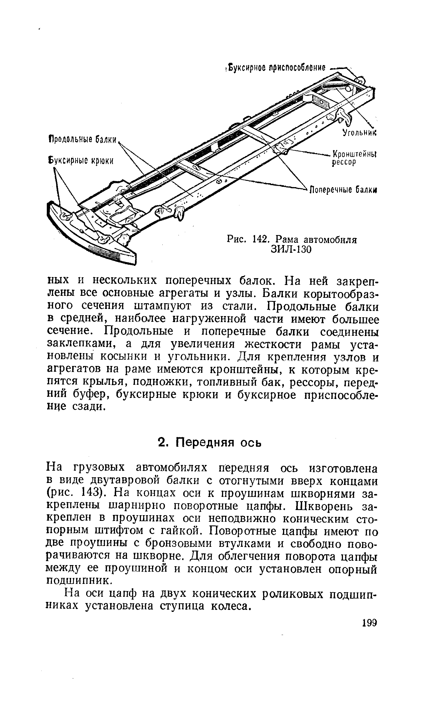 На грузовых автомобилях передняя ось изготовлена в виде двутавровой балки с отогнутыми вверх концами (рис. 143). На концах оси к проушинам шкворнями закреплены шарнирно поворотные цапфы. Шкворень закреплен в проушинах оси неподвижно коническим стопорным штифтом с гайкой. Поворотные цапфы имеют по две проушины с бронзовыми втулками и свободно поворачиваются на шкворне. Для облегчения поворота цапфы между ее проушиной и концом оси установлен опорный подшипник.
