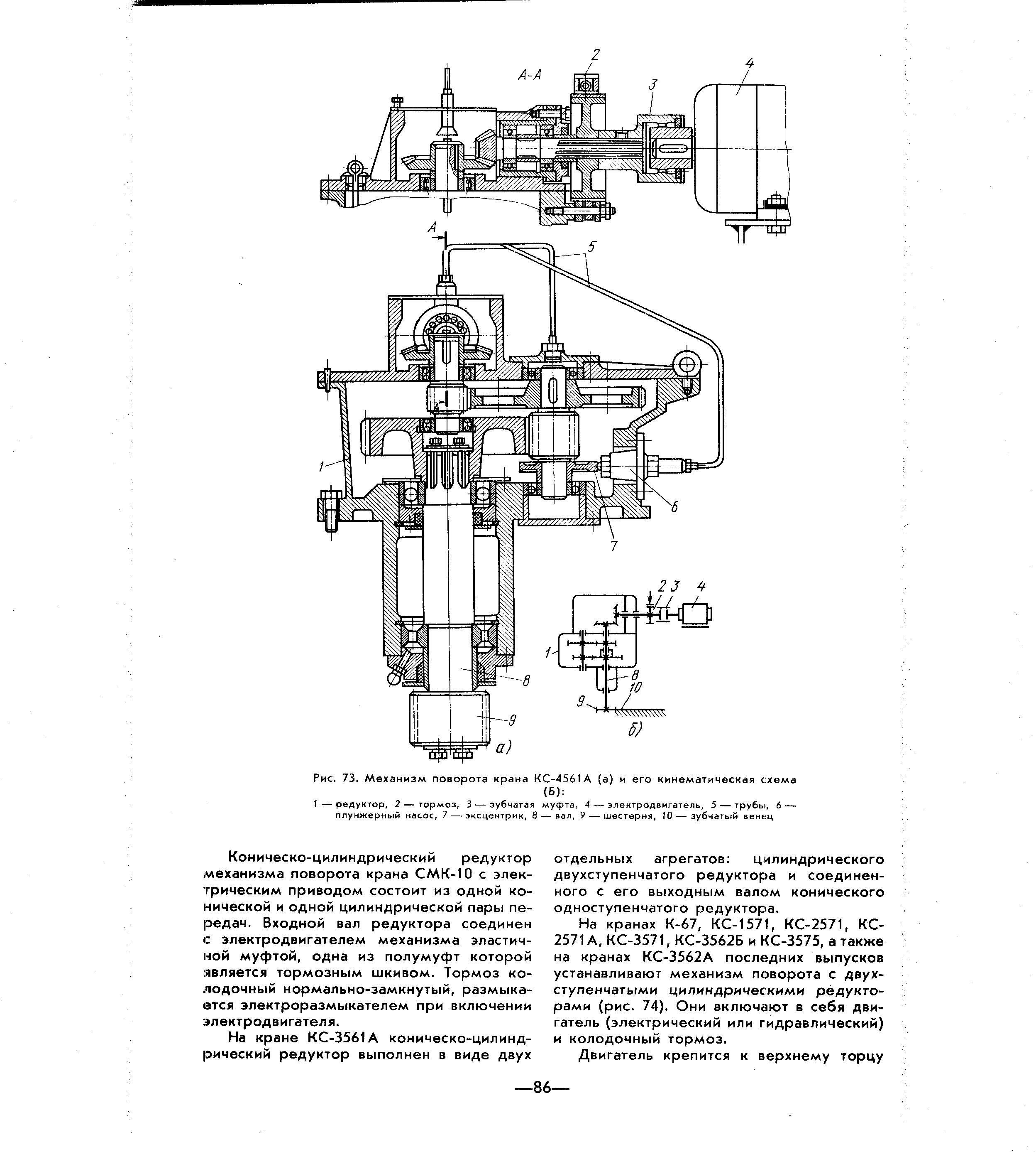 Рис. 73. Механизм поворота крана КС-4561 А (а) и его кинематическая схема
