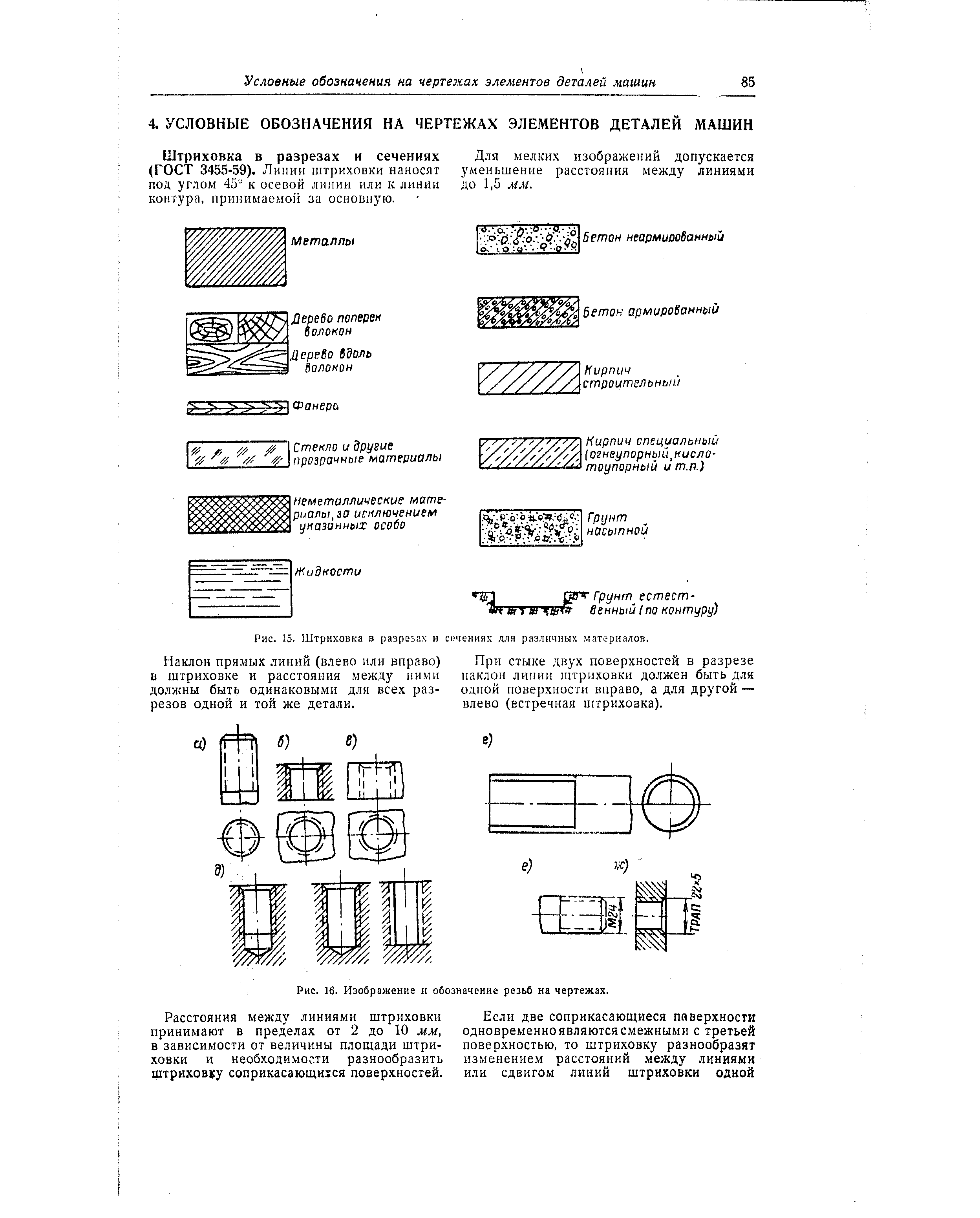 Штриховка в разрезах и сечениях (ГОСТ 3455-59). Линии штриховки наносят под углом 45 к осевой линии или к линии контура, принимае1 юй за основную.
