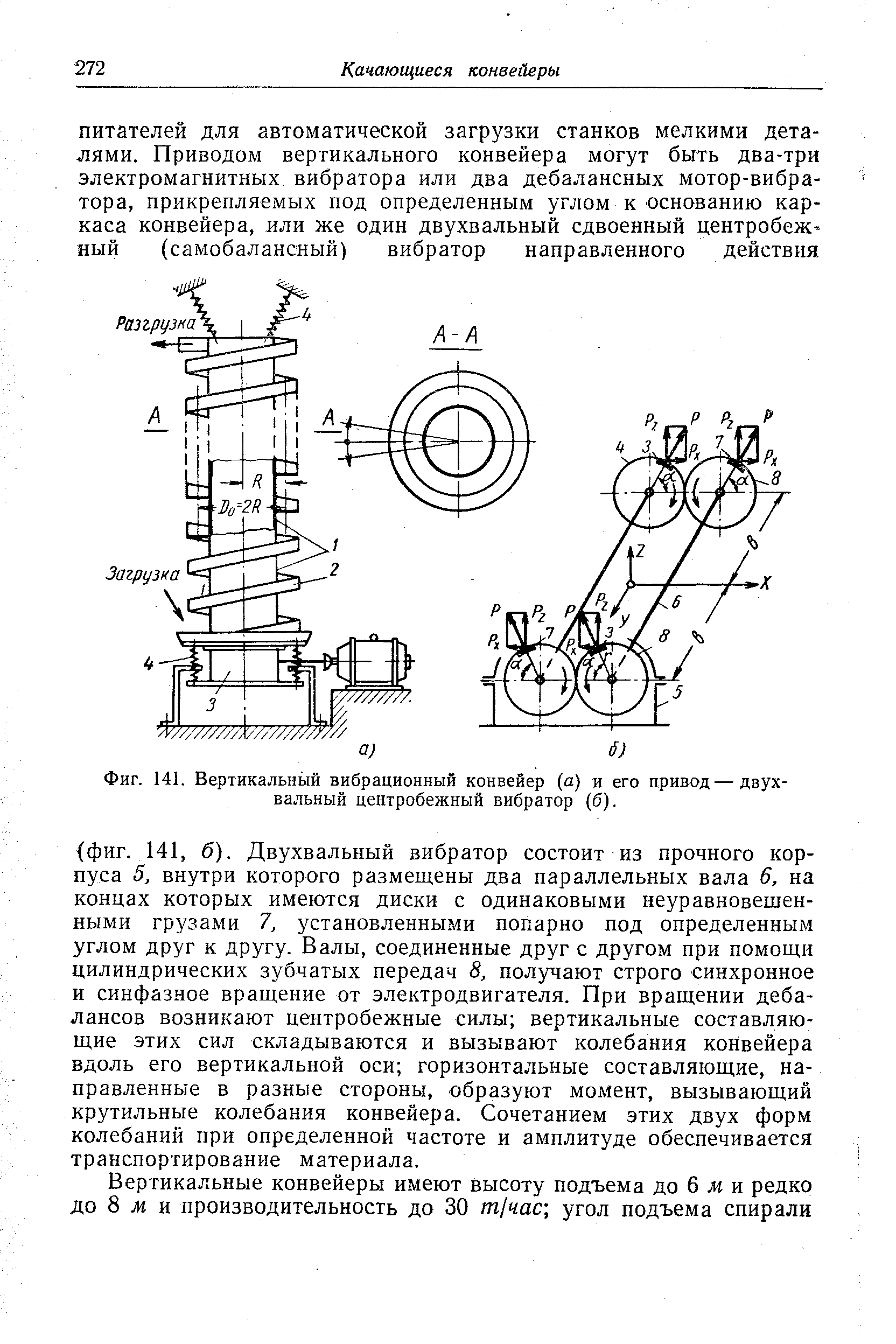 Фиг. 141. Вертикальный вибрационный конвейер (а) и его привод—двухвальный центробежный вибратор (б).
