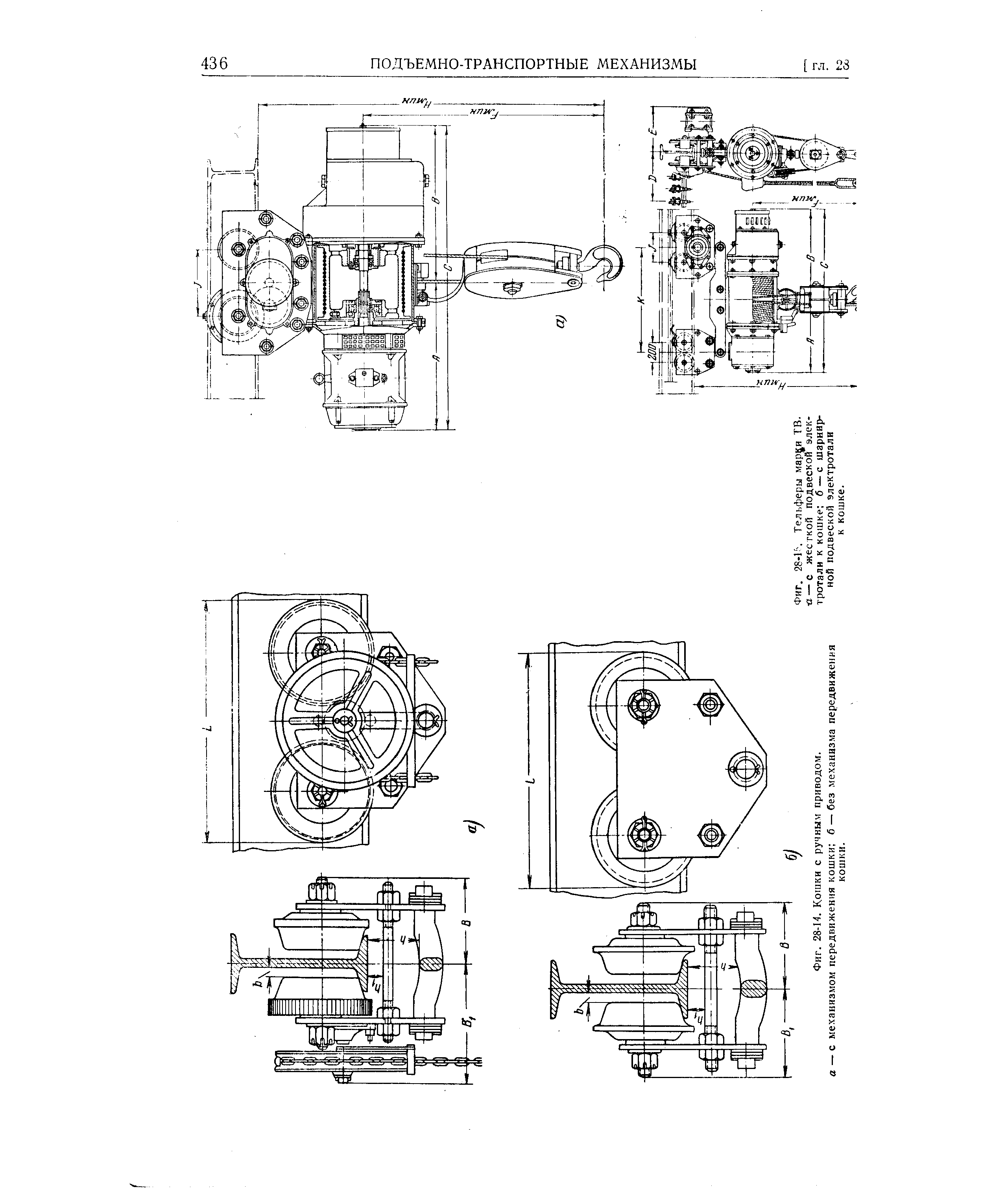 Фиг. 28-1 Тельферы мар и ТВ. а — с жесткой подвеской элек-троталв к кошке б — с шарнирной подвеской электротали к кошке.
