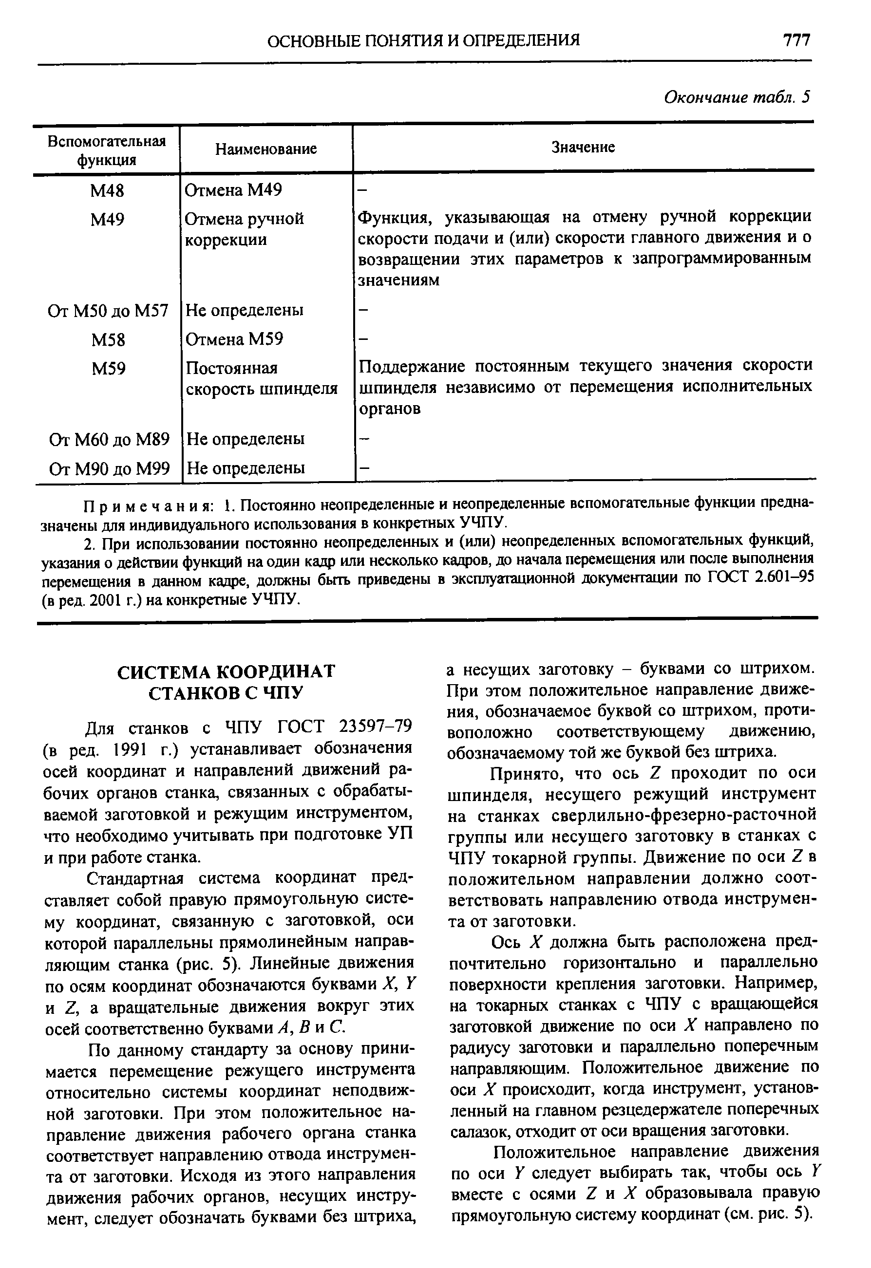 Для станков с ЧПУ ГОСТ 23597-79 (в ред. 1991 г.) устанавливает обозначения осей координат и направлений движений рабочих органов станка, связанных с обрабатываемой заготовкой и режущим инструментом, что необходимо учитывать при подготовке УП и при работе станка.
