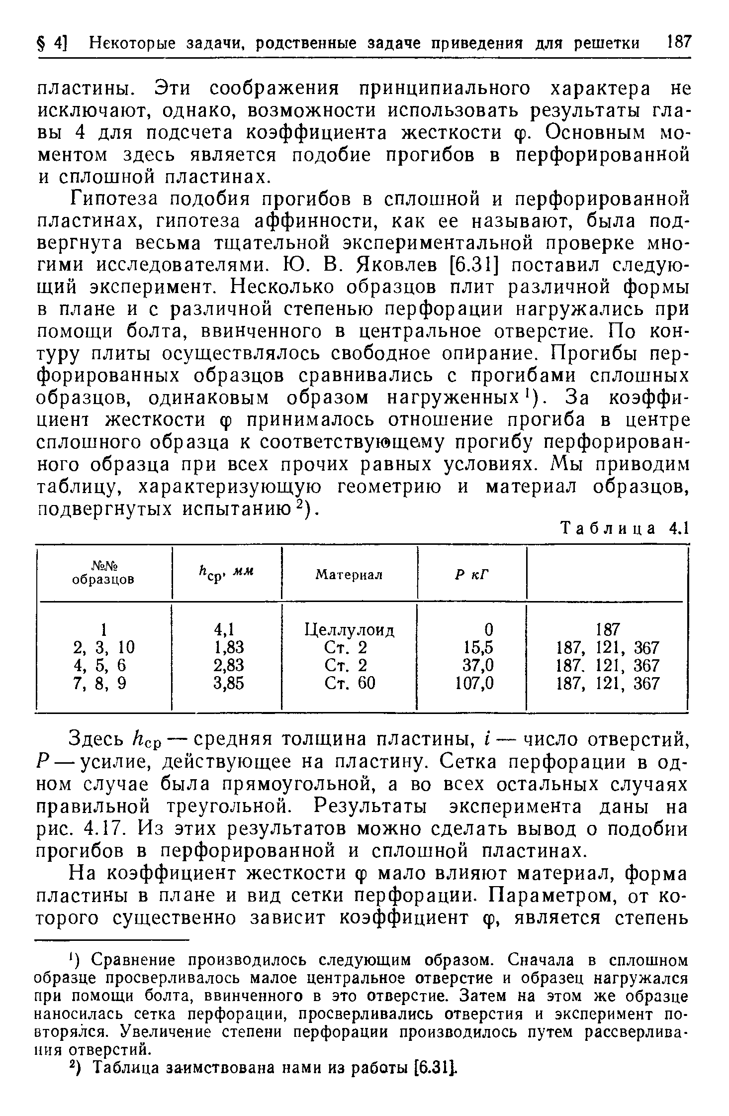 Гипотеза подобия прогибов в сплошной и перфорированной пластинах, гипотеза аффинности, как ее называют, была подвергнута весьма тщательной экспериментальной проверке многими исследователями. Ю. В. Яковлев [6.31] поставил следующий эксперимент. Несколько образцов плит различной формы в плане и с различной степенью перфорации нагружались при помощи болта, ввинченного в центральное отверстие. По контуру плиты осуществлялось свободное опирание. Прогибы перфорированных образцов сравнивались с прогибами сплошных образцов, одинаковым образом нагруженных ). За коэффициент жесткости ф принималось отношение прогиба в центре сплошного образца к соответствующему прогибу перфорированного образца при всех прочих равных условиях. Мы приводим таблицу, характеризующую геометрию и материал образцов, подвергнутых испытанию 2).
