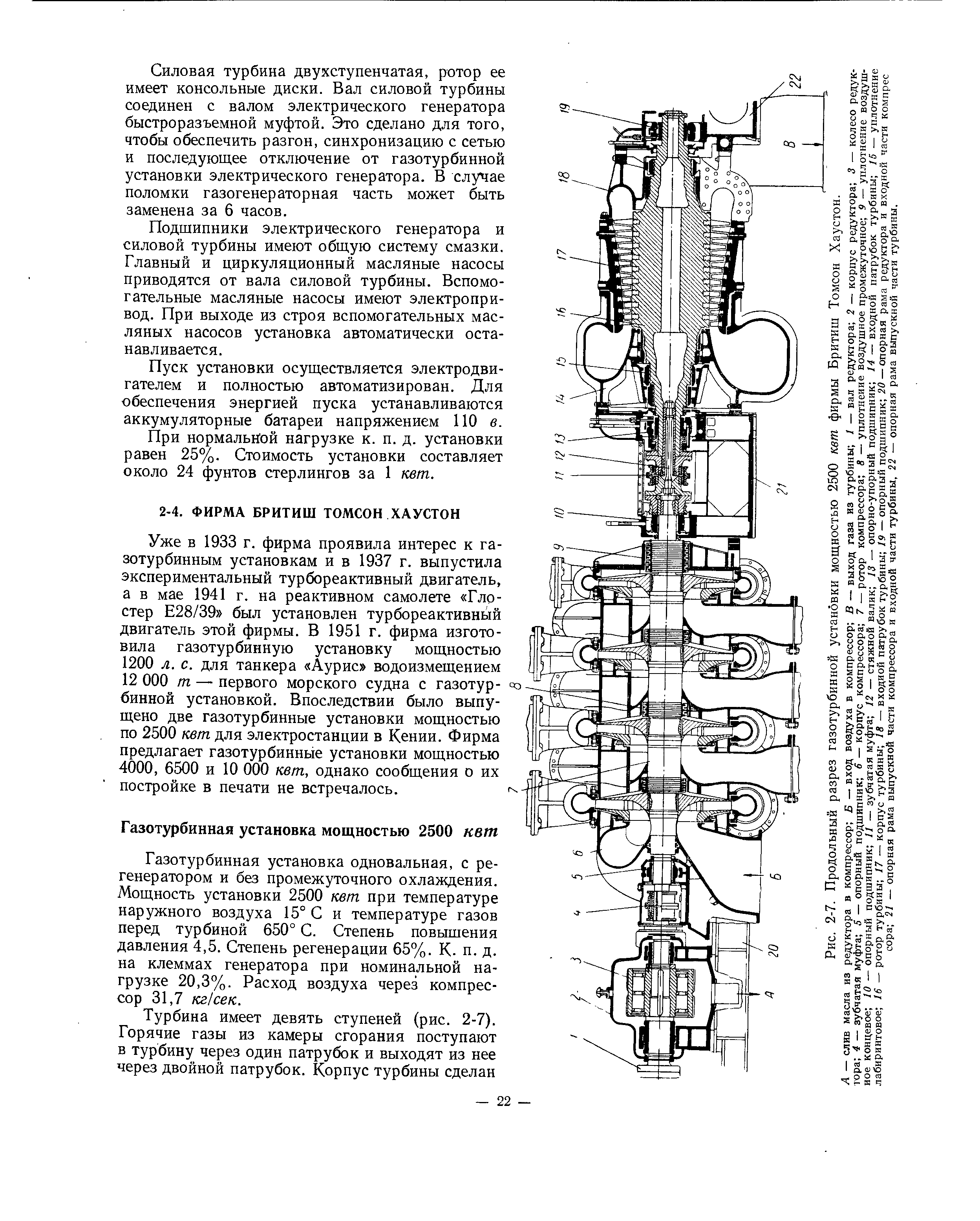 Газотурбинная установка одновальная, с регенератором и без промежуточного охлаждения. Мощность установки 2500 кет при температуре наружного воздуха 15° С и температуре газов перед турбиной 650° С. Степень повышения давления 4,5. Степень регенерации 65%. К. п. д. на клеммах генератора при номинальной нагрузке 20,3%. Расход воздуха через компрессор 31,7 кг сек.
