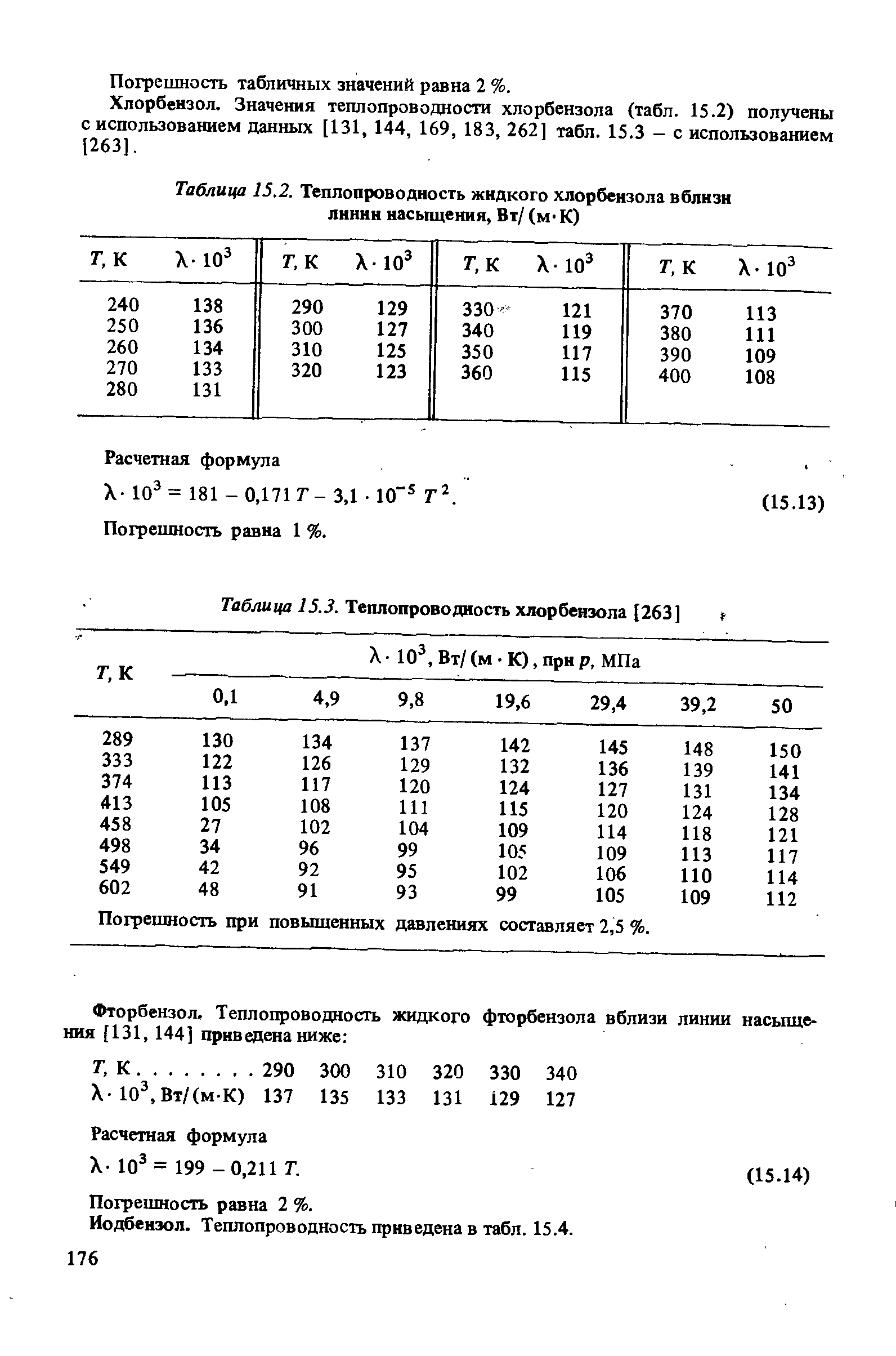 Таблица 15.2. Теплопроводность жидкого хлорбензола вблизи линии насыщения, Вт/ (м-К)
