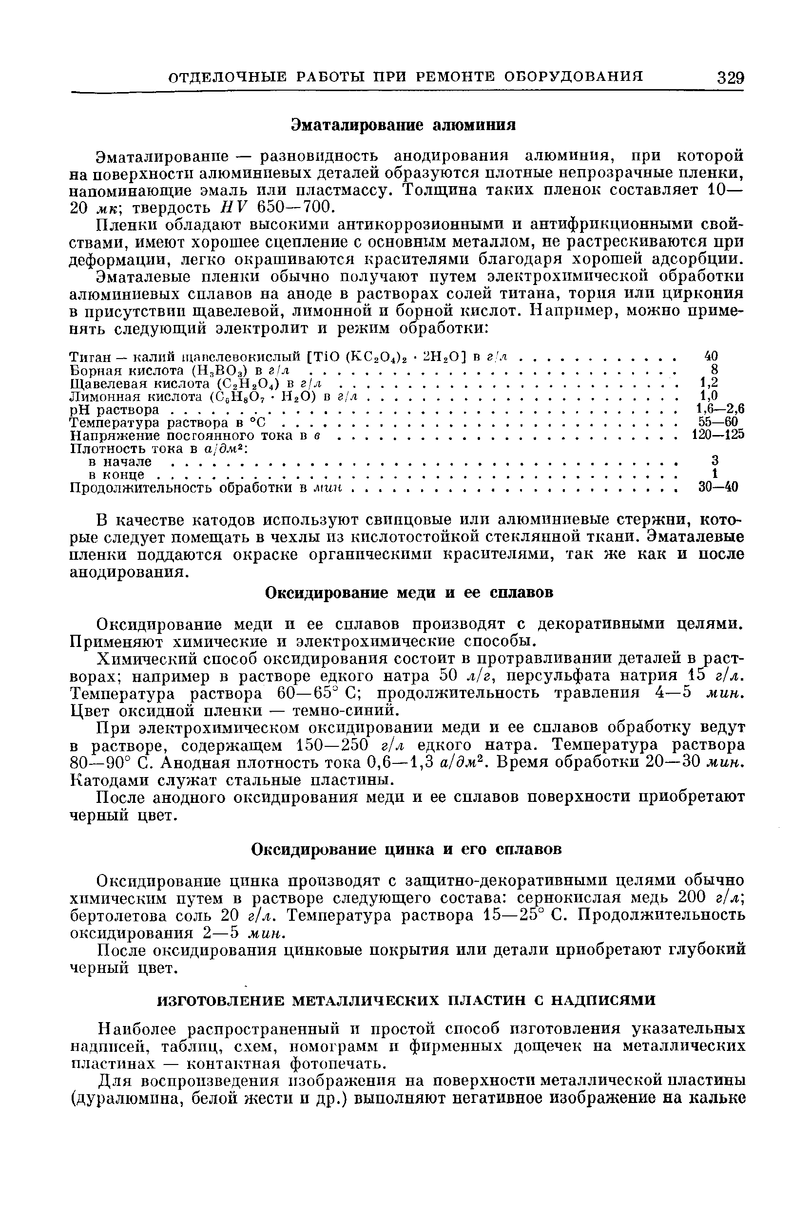 Оксидирование цинка производят с защитно-декоративными целями обычно химическим путем в растворе следующего состава сернокислая медь 200 г/л бертолетова соль 20 г/л. Температура раствора 15—25° С. Продолжительность оксидирования 2—5 мин.
