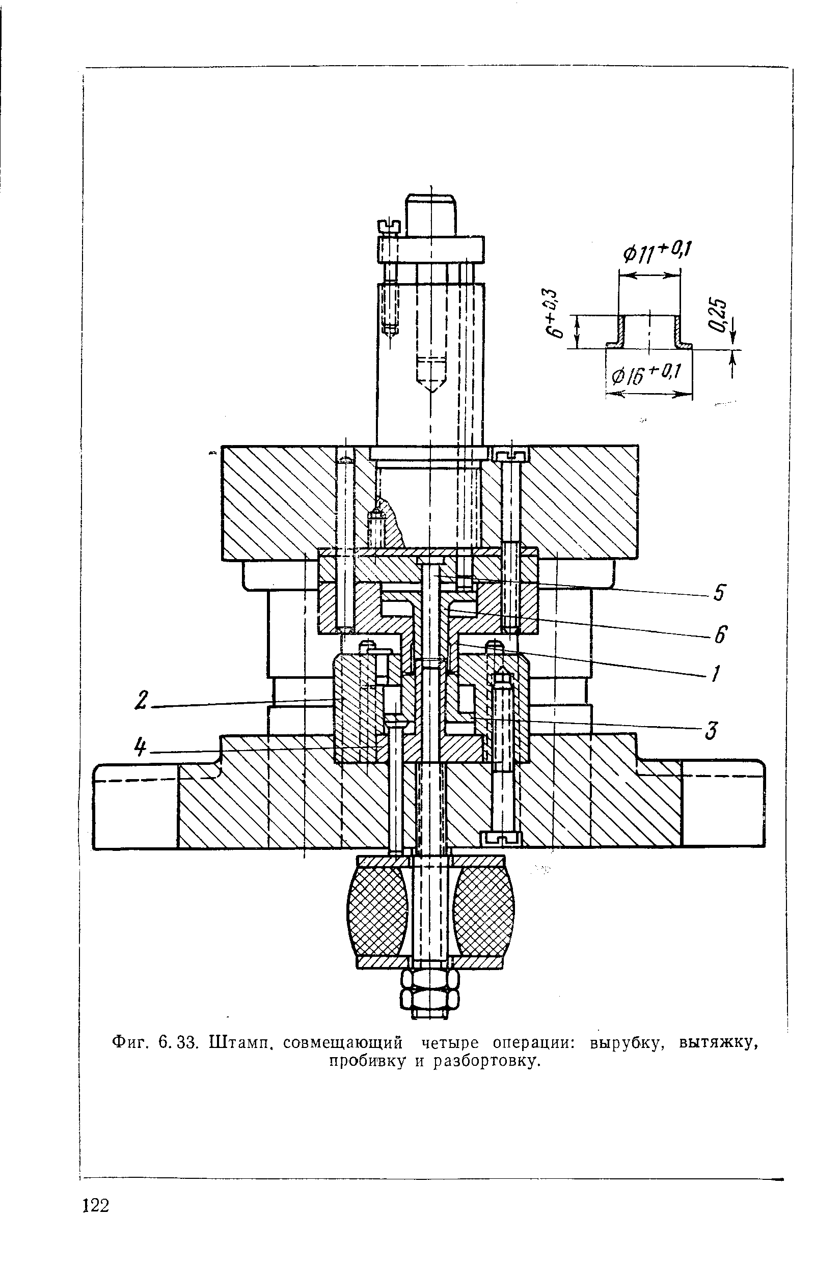 Фиг. 6.33. Штамп, совмещающий четыре операции вырубку, вытяжку, пробивку и разбортовку.
