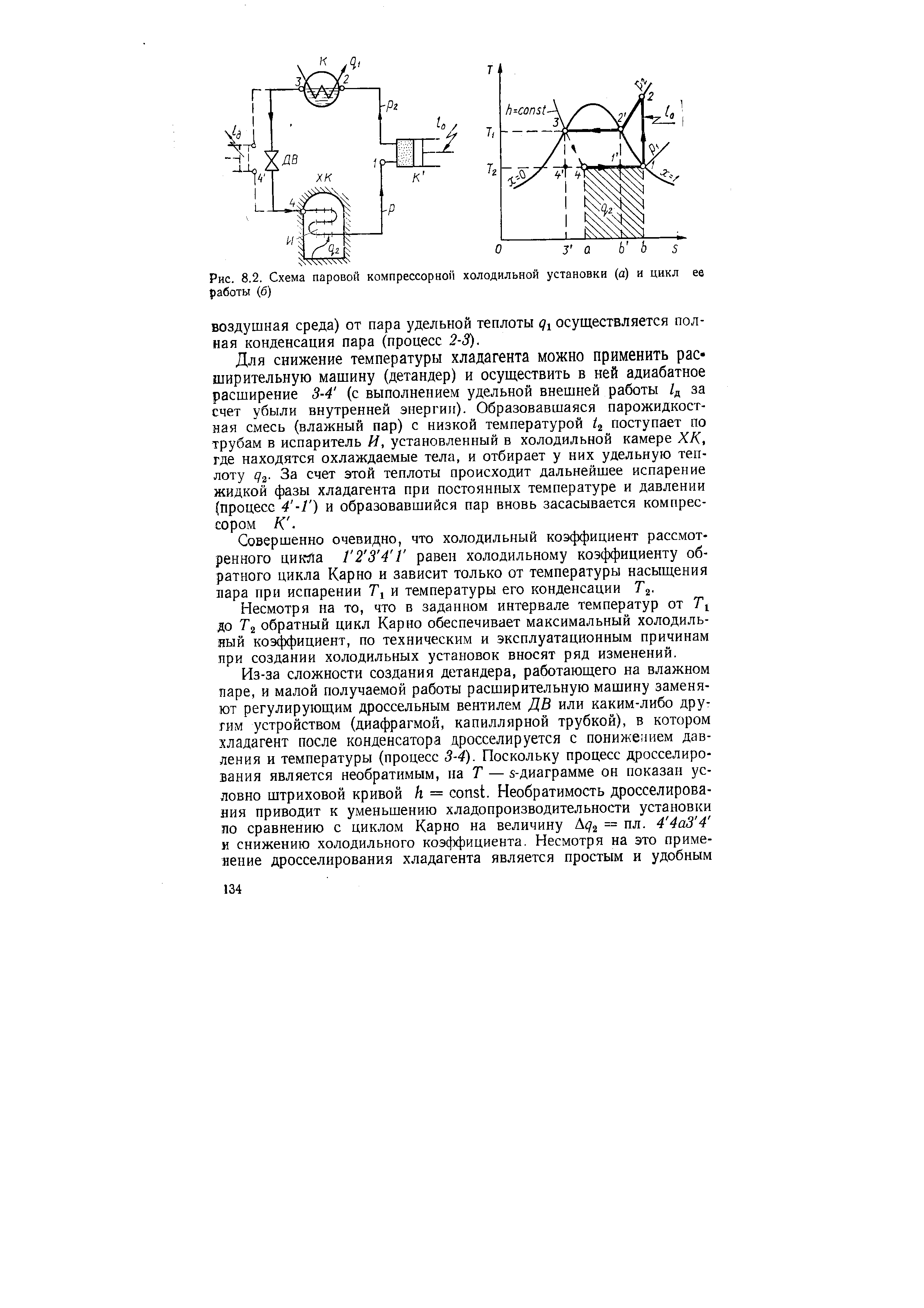 Рис. 8.2. Схема паровой компрессорной холодильной установки (а) н цикл ев работы (б)
