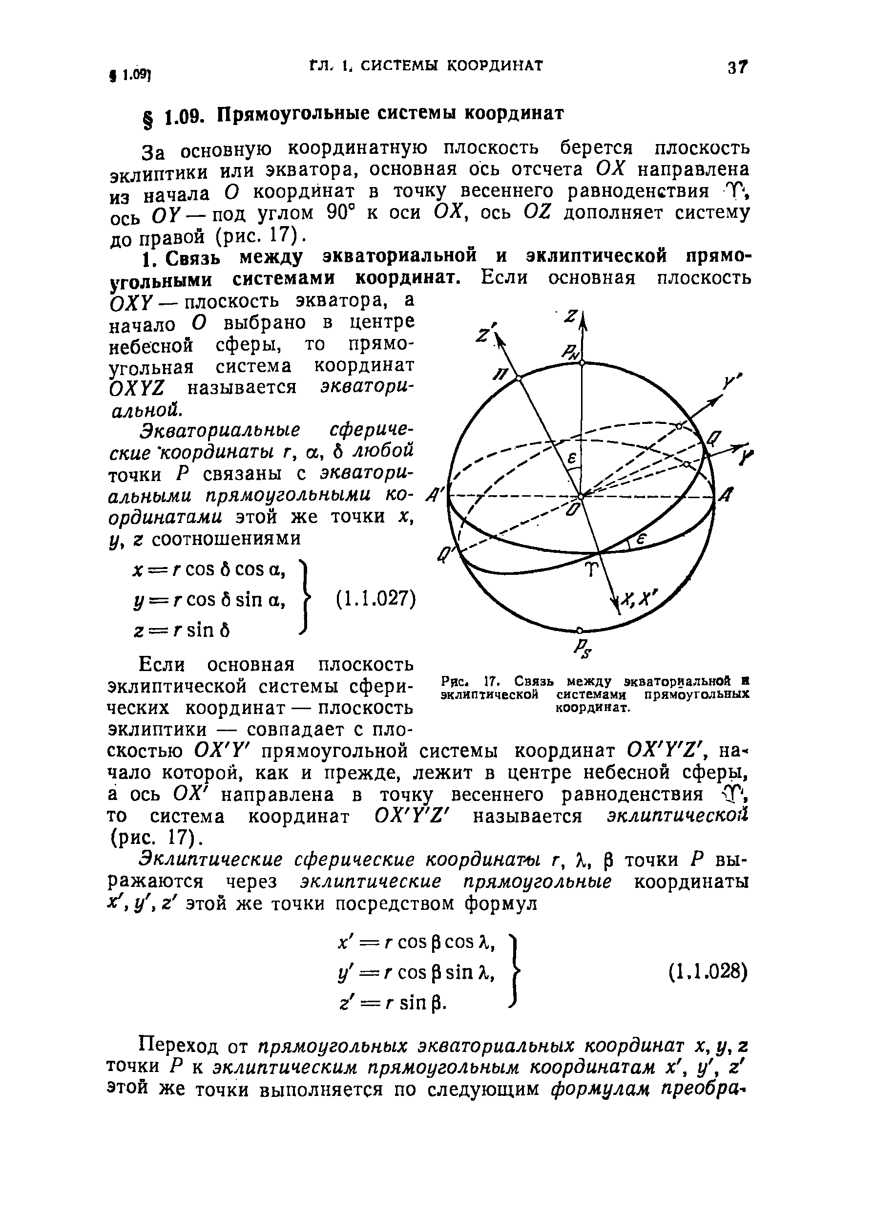 Рис. 17. <a href="/info/553145">Связь между</a> экваториальной и эклиптической системами прямоугольных координат.
